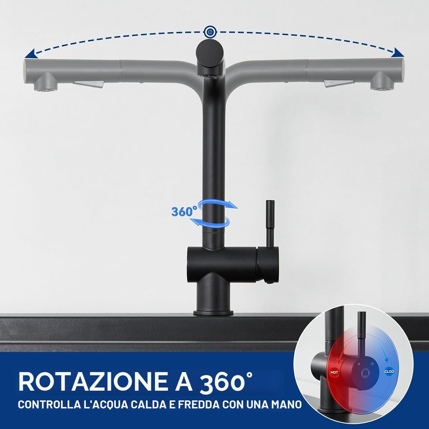 Thumbnail 4 de CECIPA Rubinetto cucina nero con doccetta estraibile e 2 getti, girevole 360° (acciaio inox)