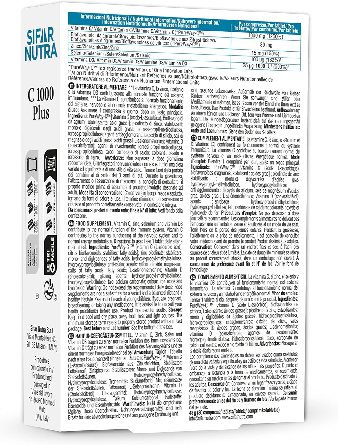 Detalle de Sifar Nutra C 1000 Plus : Vitamine C PureWay-C, D3, Zinc et Sélénium – 30 comprimés
