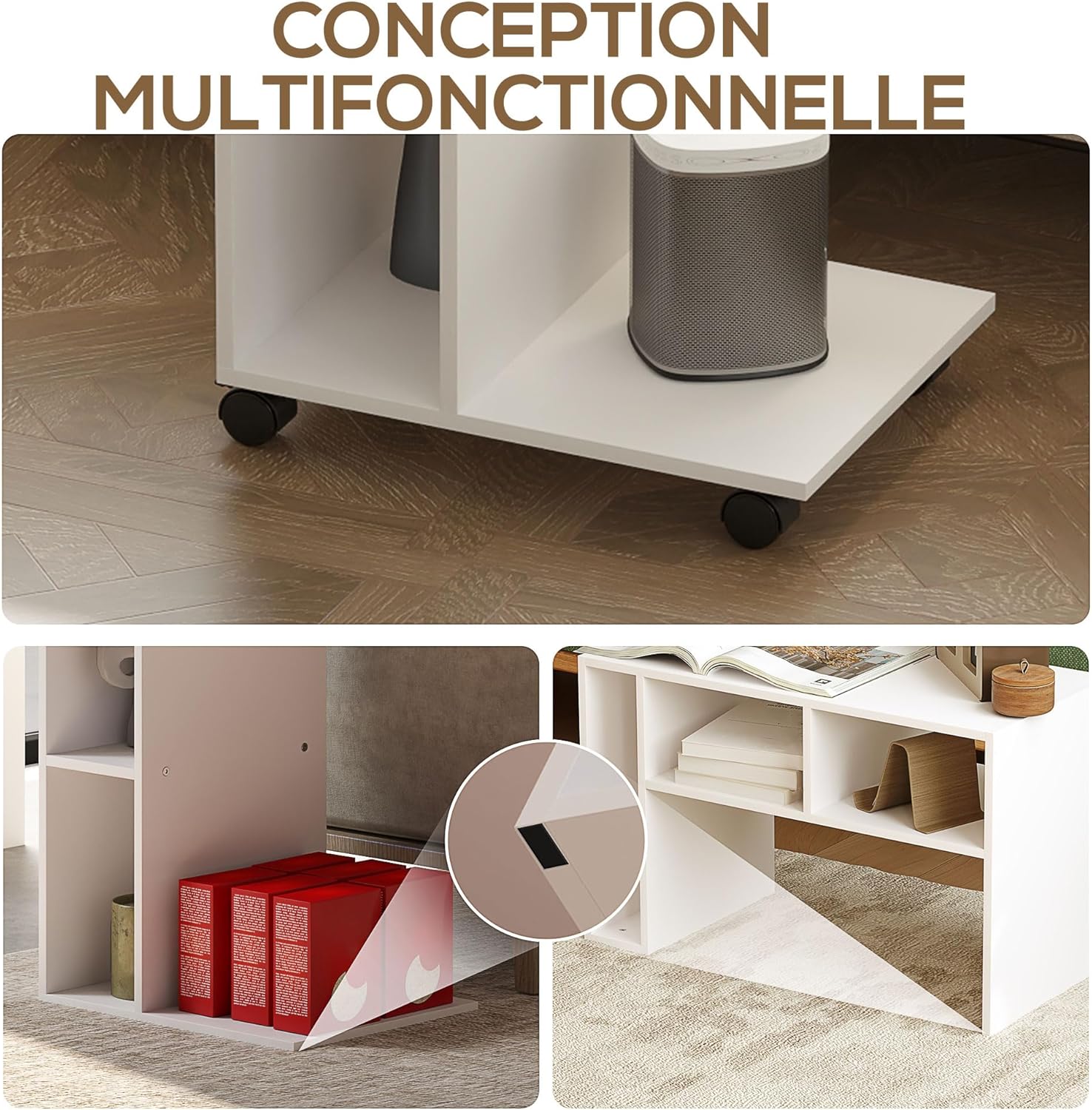 Thumbnail 3 de HOMCOM table d’appoint en forme de C avec roulettes, 3 compartiments et 1 étagère ouverte, 40 x 30 x 69 cm (blanc)