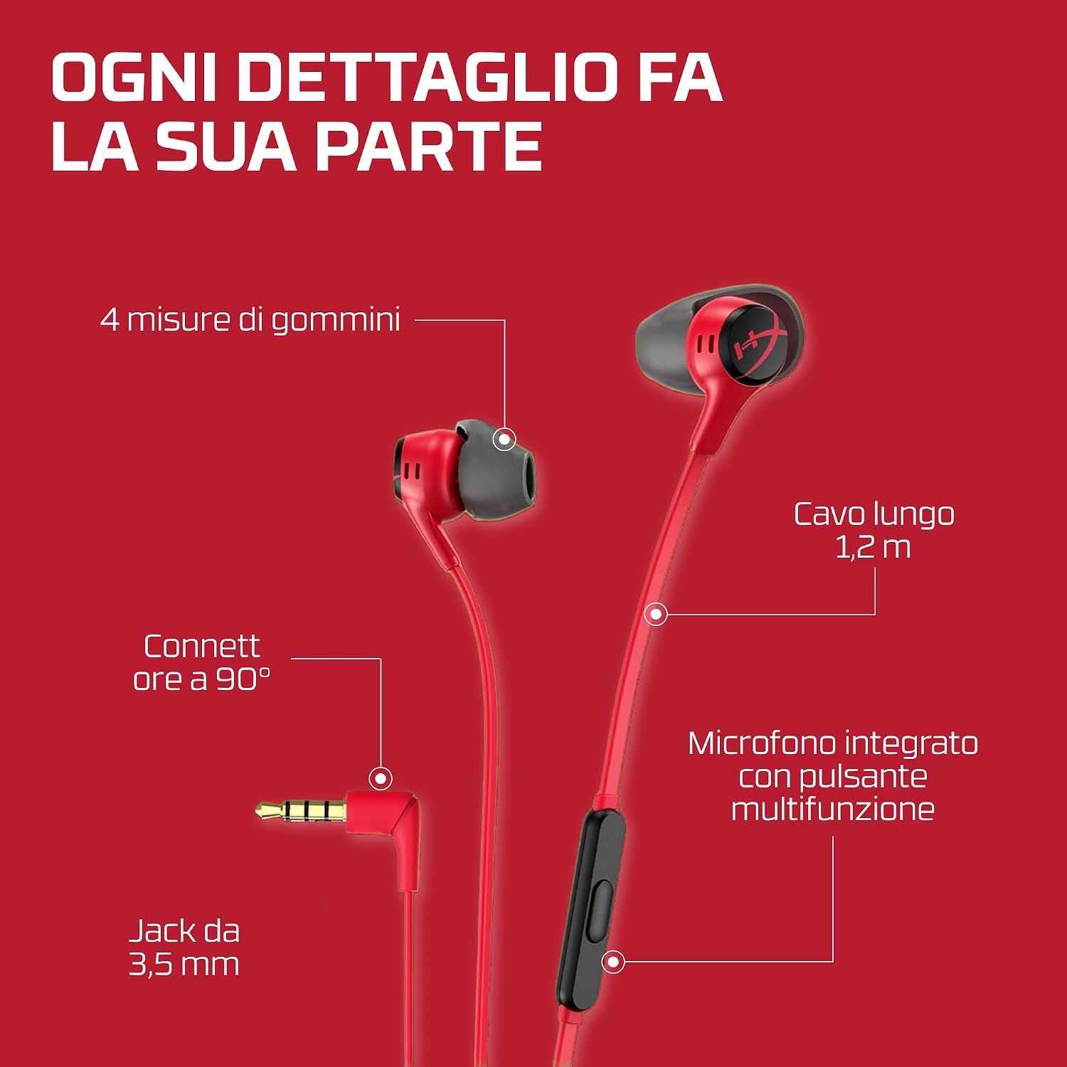 Detalle 2 de HyperX Cloud auricolari con connettore a 90° e microfono integrato (rosso)