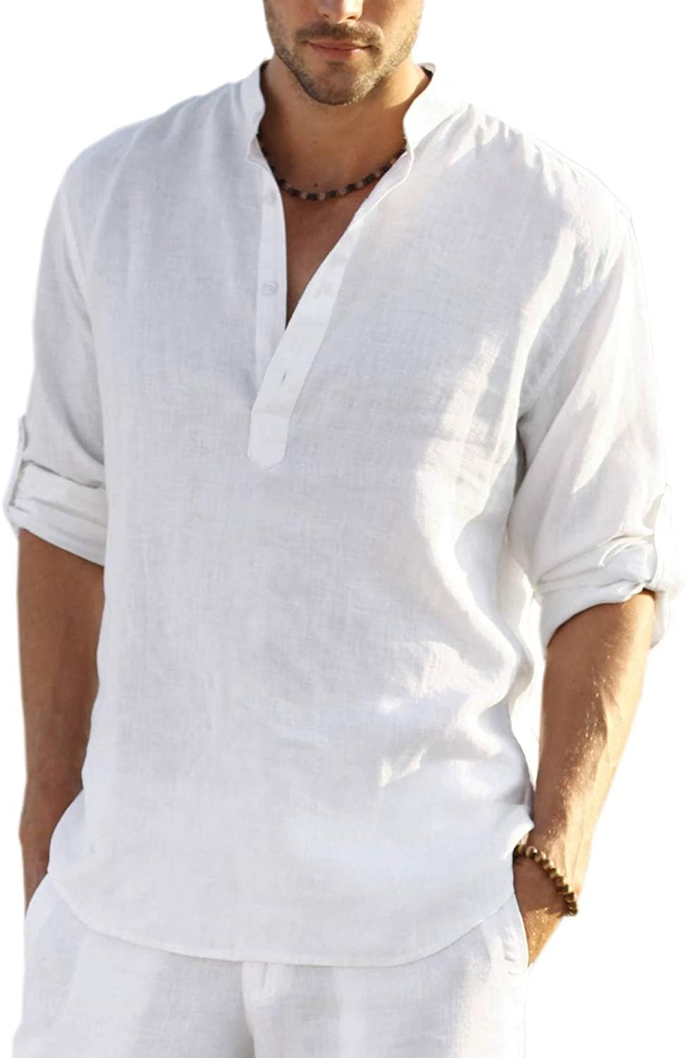 Detalle de COOFANDY Herren Hemd Langarm Henley Shirt aus Leinen und Baumwolle – Slim Fit