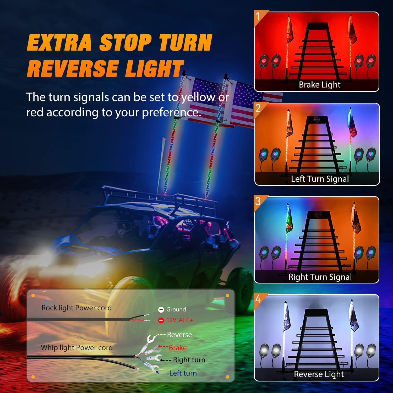 Thumbnail 2 de Nilight 2PCS 3FT RGB LED Whip Light & 4 Rock Lights Combo with Bluetooth App & RF Remote