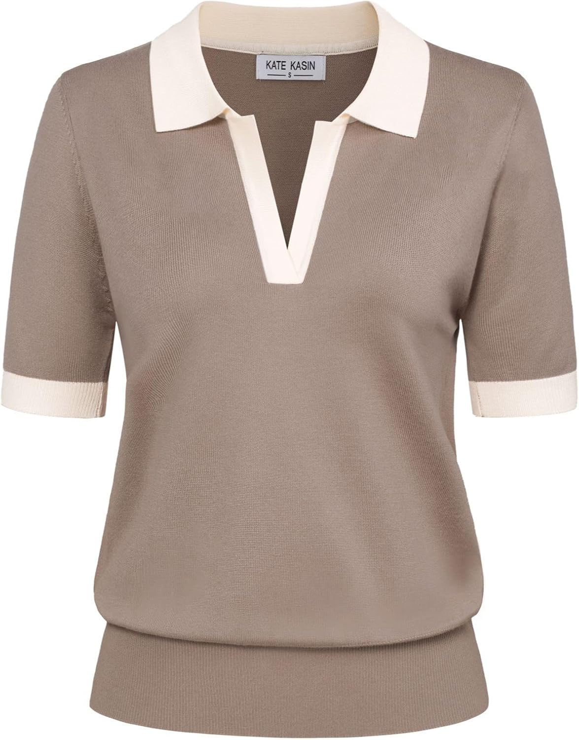 Detalle de Kate Kasin Women Short Sleeve Polo Sweater V Neck Knitted Top