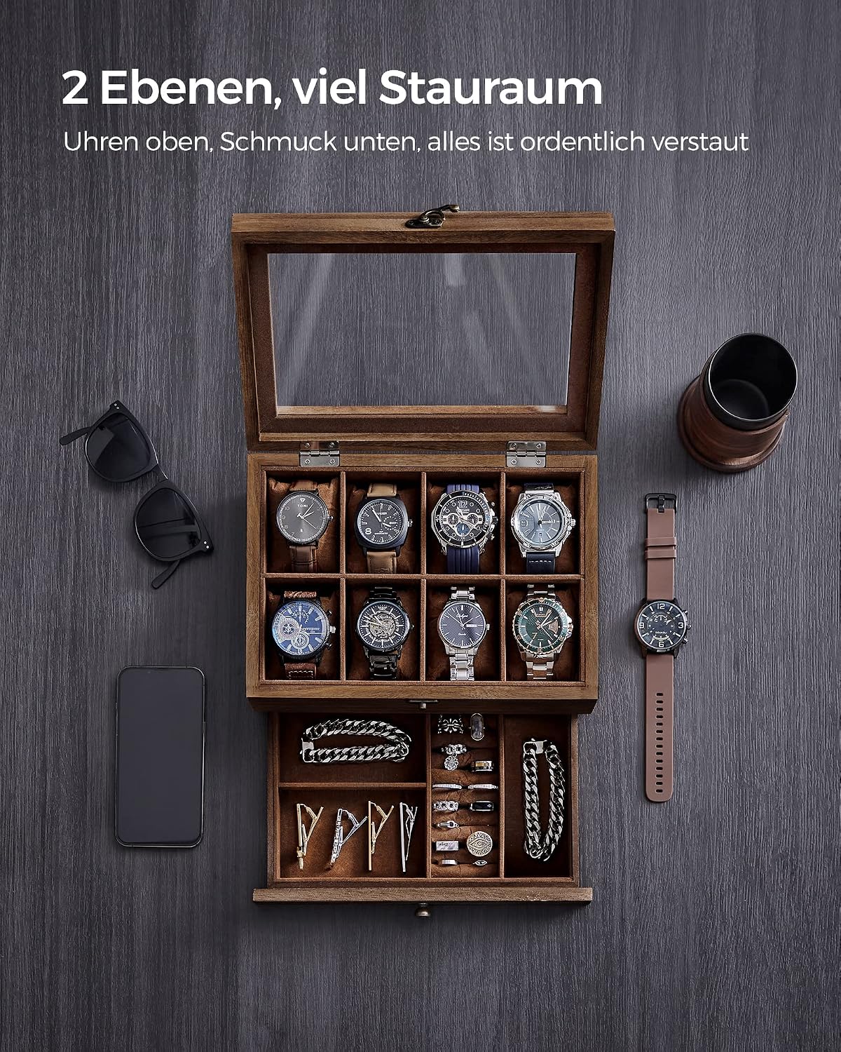 Detalle de SONGMICS GISELLA Kollektion: Uhrenbox mit 8 Fächern aus Massivholz, Glasdeckel und Walnussfinish (JOW008K01)