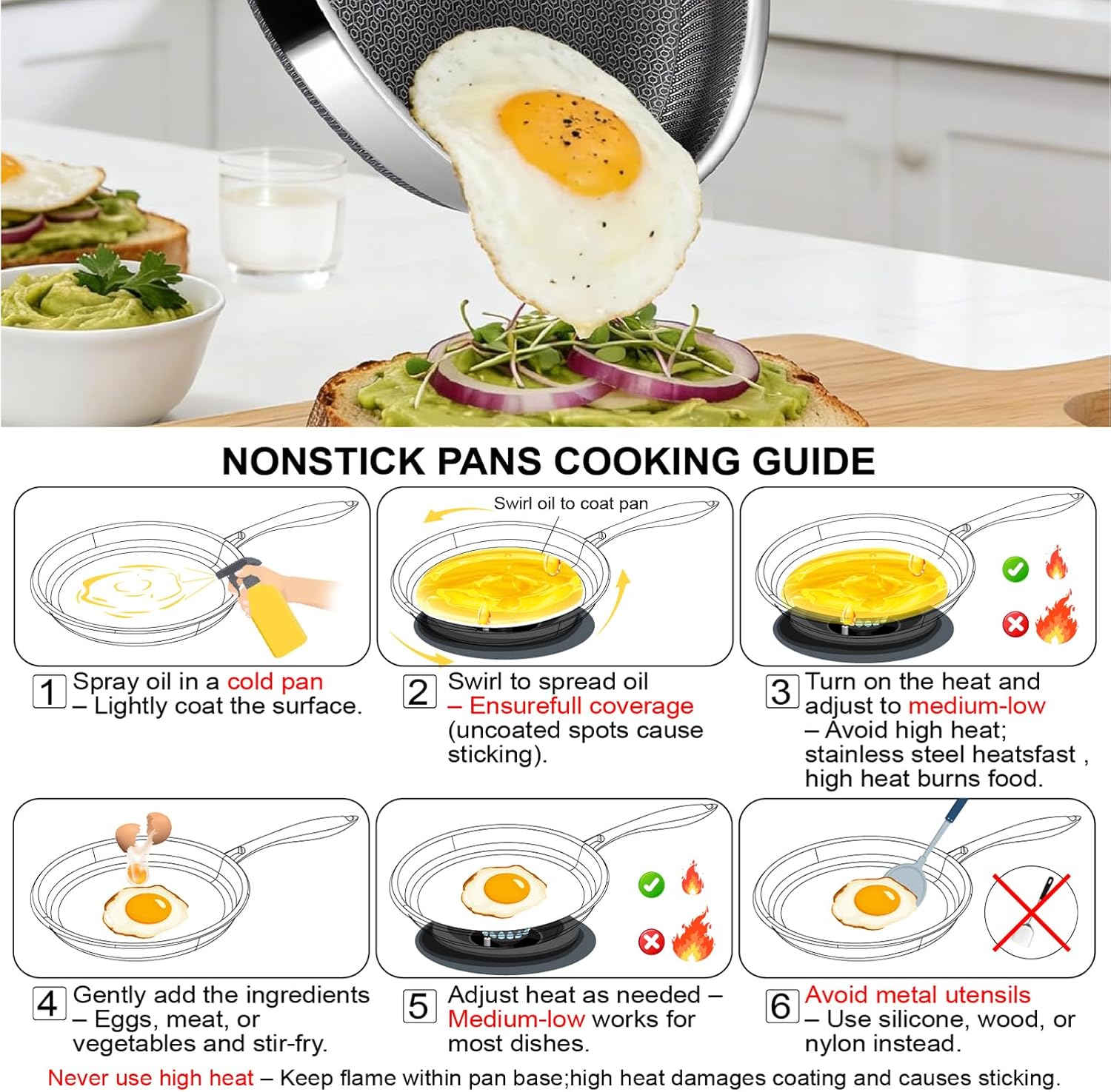 Detalle 2 de Vocvee 12-Inch Nonstick Frying Pan with Lid (Hybrid Stainless Steel, Stay-Cool Handle)