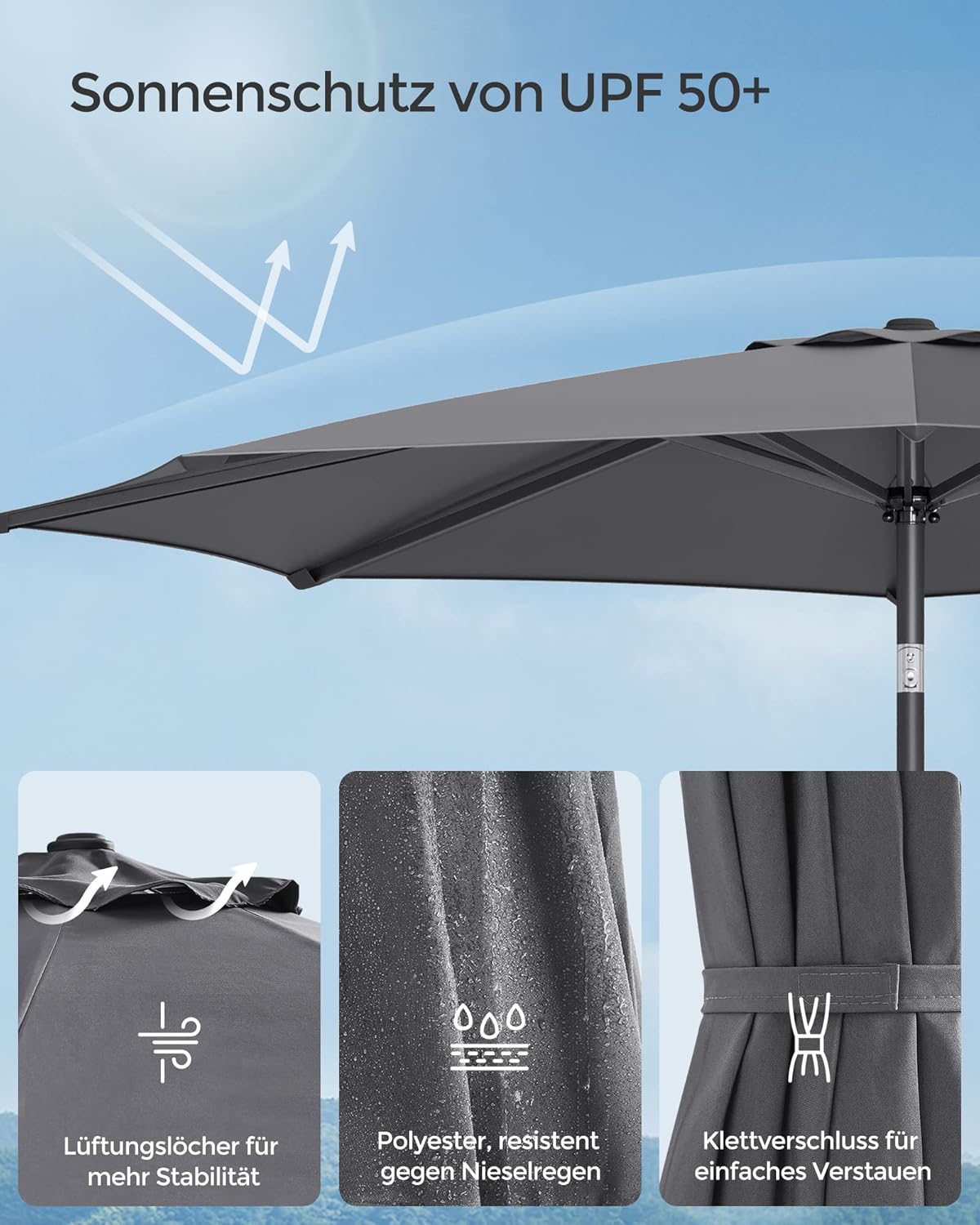 Detalle de SONGMICS Gartenschirm Ø 300 cm GPU30GYV1 – Marktschirm mit Kurbel, UV-Schutz UPF 50+, klappbar, grau