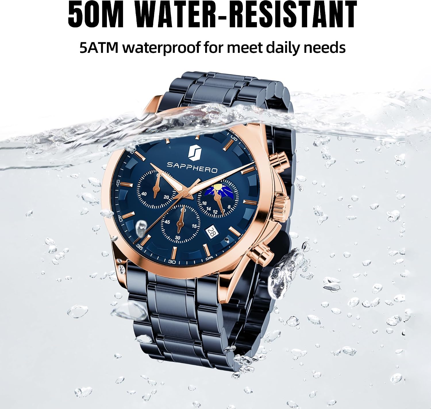 Detalle de BENYAR Herren Chronograph Quarz Analog-Uhr mit Datumsanzeige – wasserfest (3 ATM)