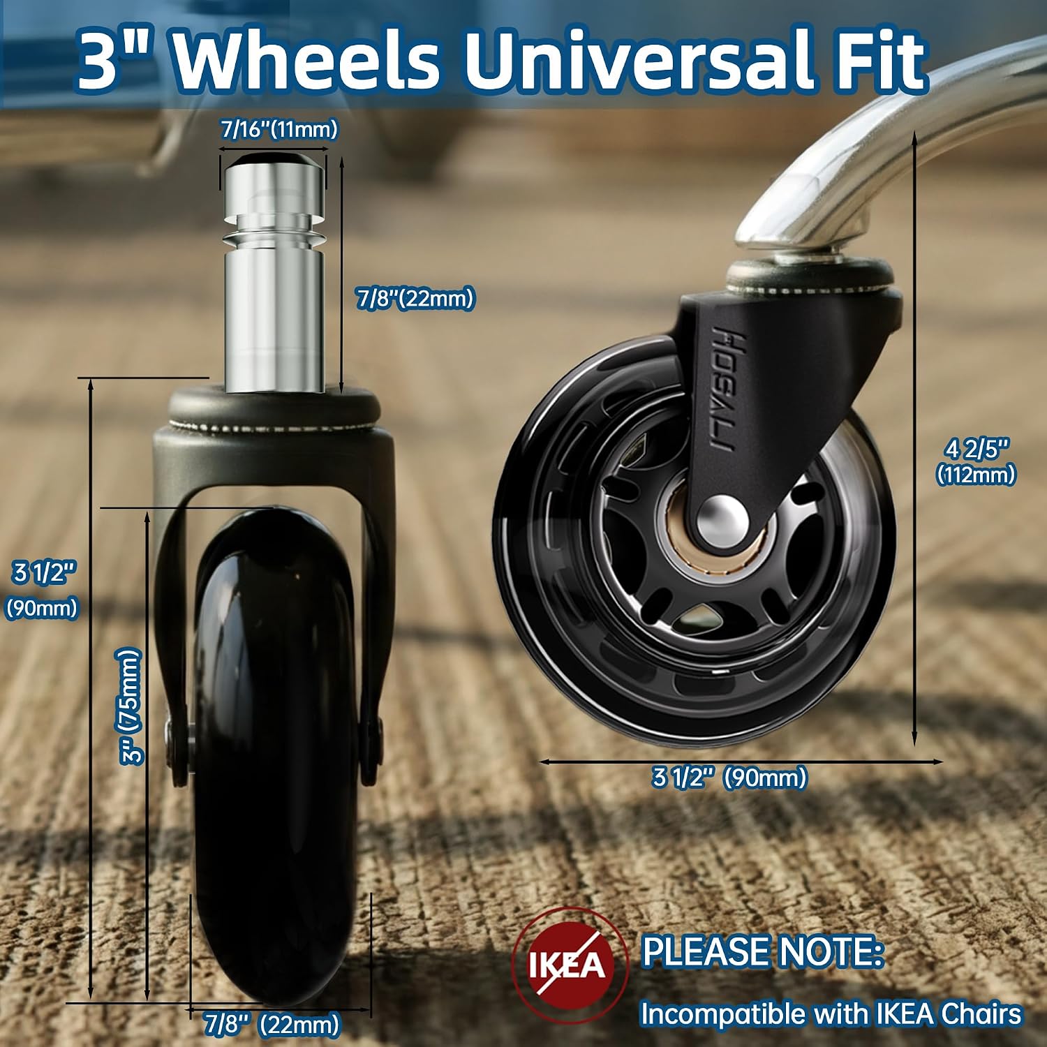 Detalle de HOSALI 3C11 Office Chair Wheels, 3-Inch Polyurethane Casters, Set of 5