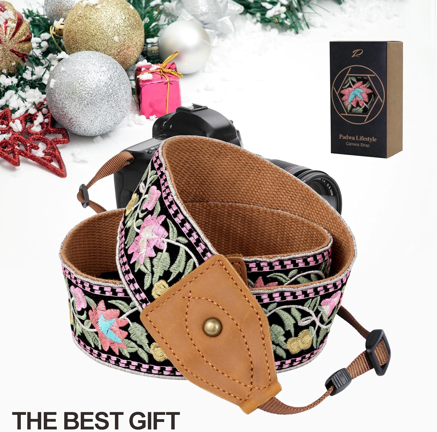 Detalle de Padwa Lifestyle Embroidered Flower Camera Strap – 2" Wide, Vintage Cowhide, Comfortable and Universal