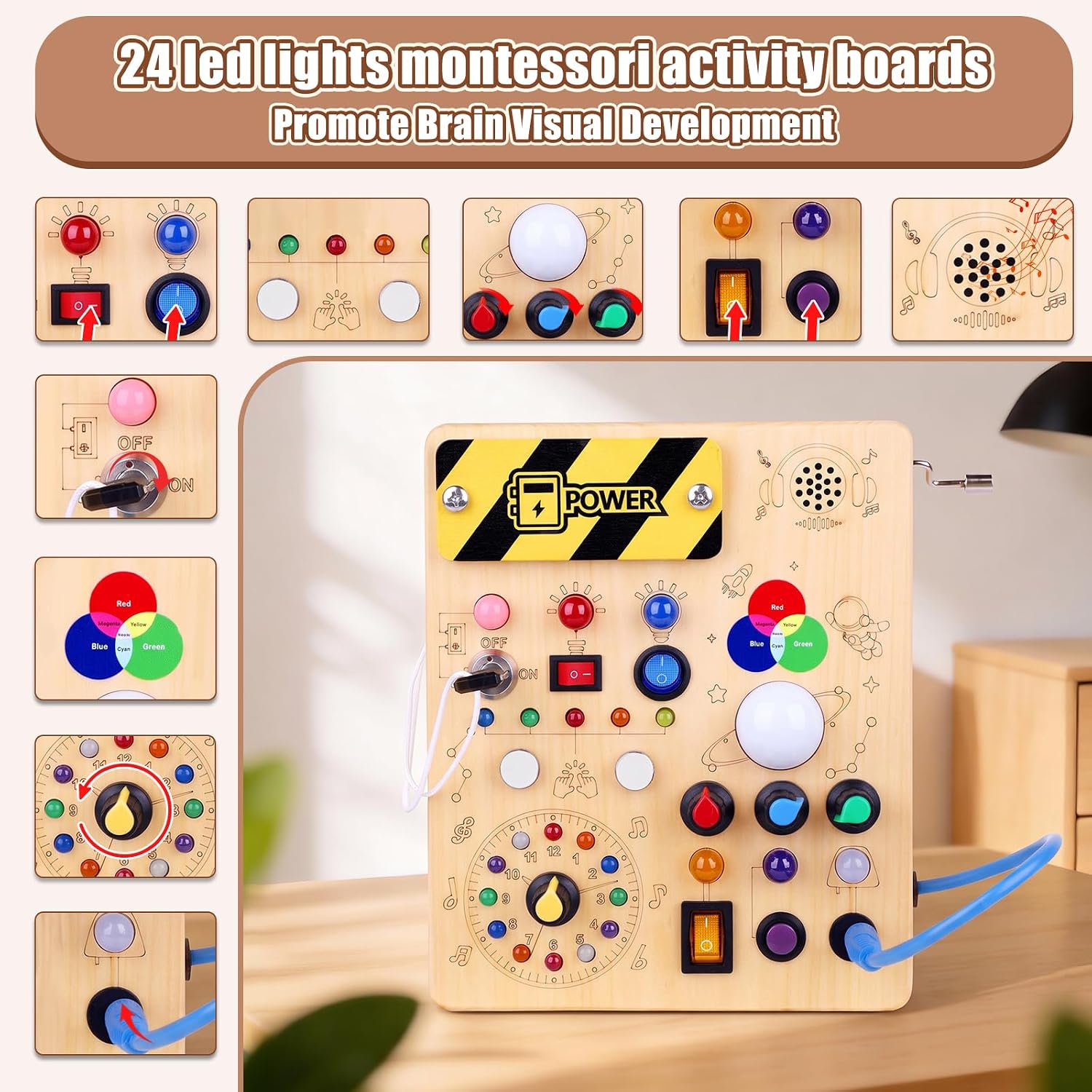 Detalle de Konijiwa Montessori Busy Board de madera para niños (12 interruptores y 24 luces LED)