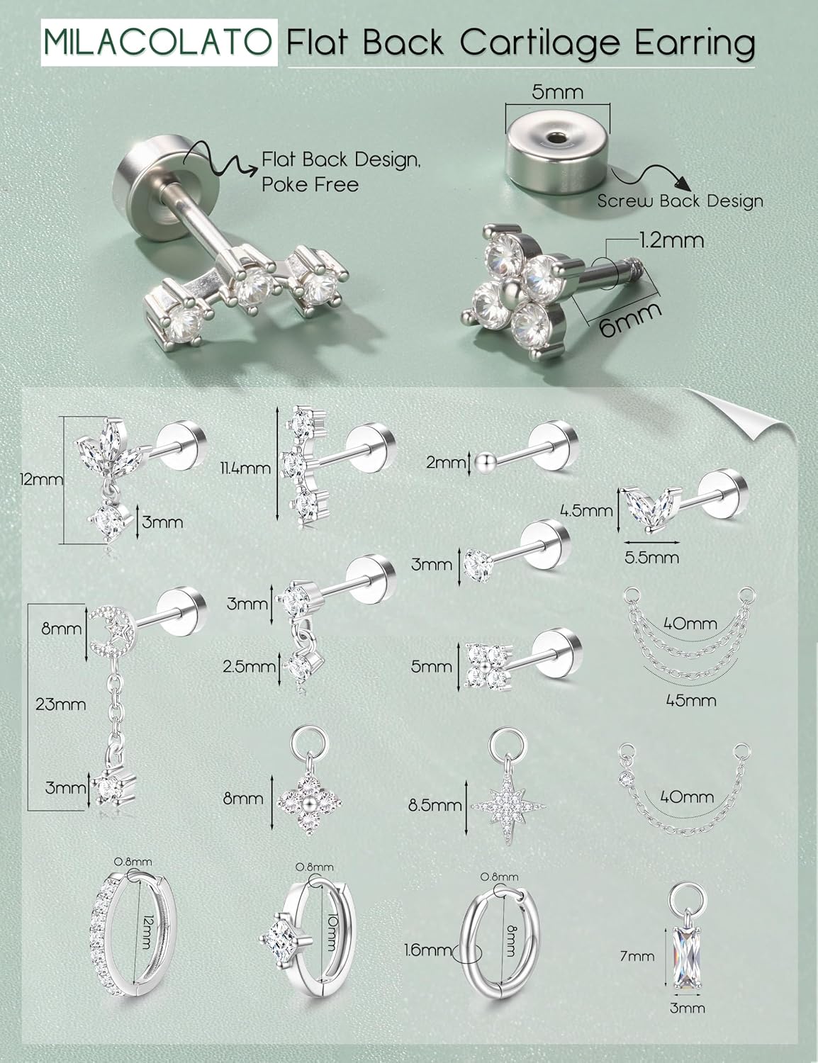 Detalle de MILACOLATO Helix-Piercing Set aus 316L Chirurgenstahl (16 Teile) – Flatback, Tragus, Conch & mehr
