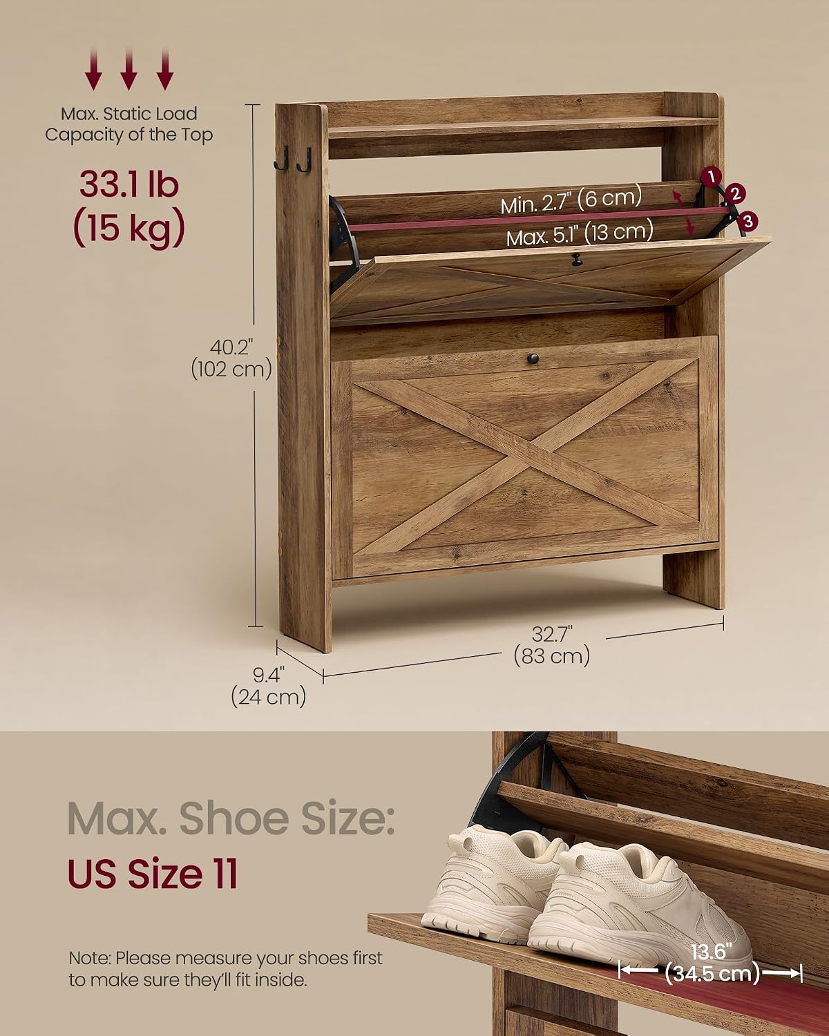 Detalle 2 de VASAGLE Shoe Storage Cabinet, 14–16-Pair Capacity