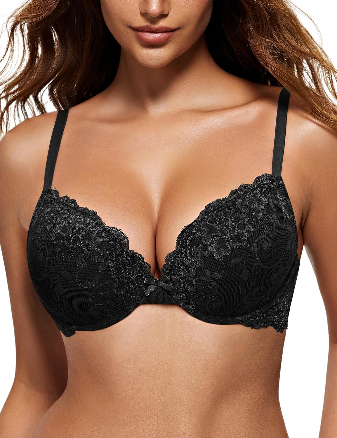 Detalle de Wingslove Push Up BH mit floraler Spitze – gepolsterter Bügel-BH für Alltag und Dekolleté