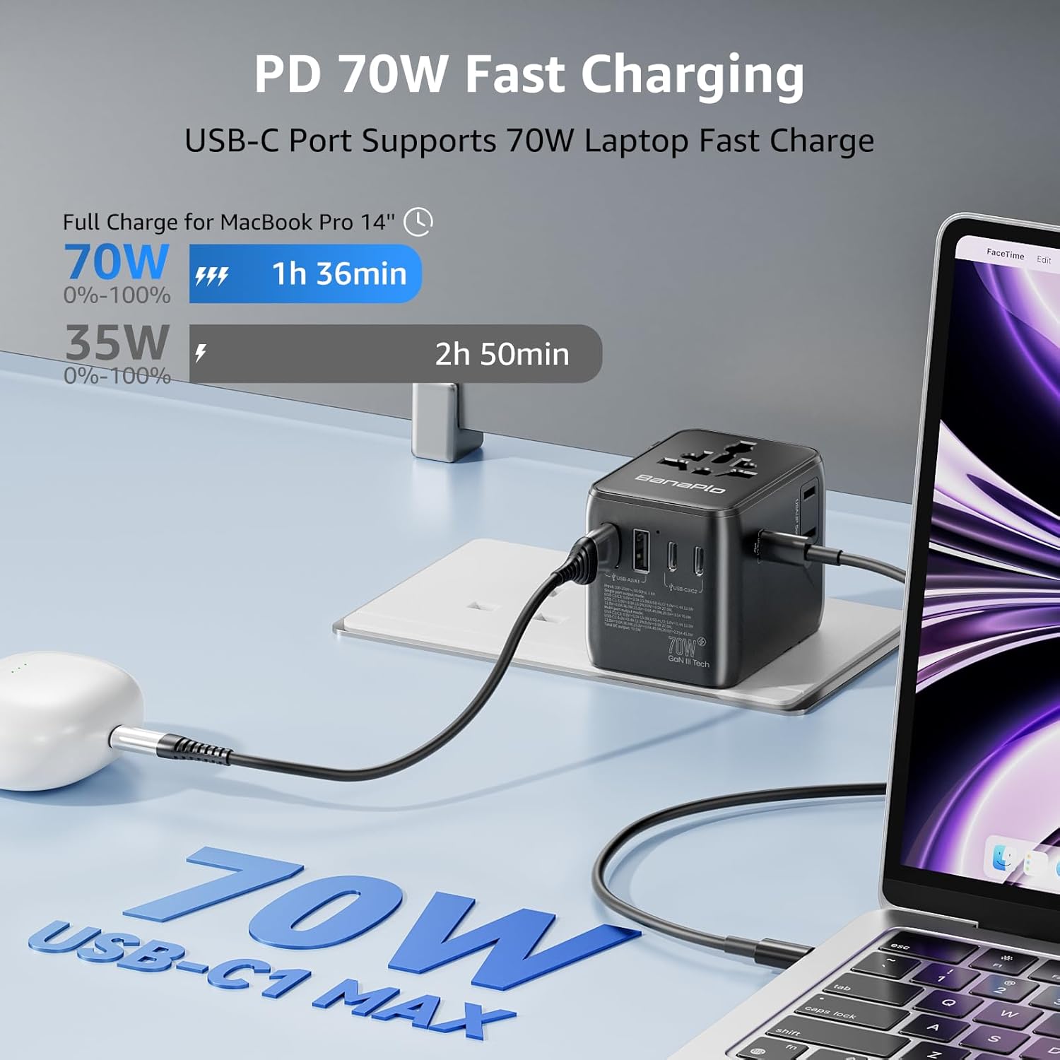 Thumbnail 1 de Universal Travel Adapter Plug with 5 USB Ports (70W PD, 3 Type-C + 2 USB-A) for UK, US, EU & more