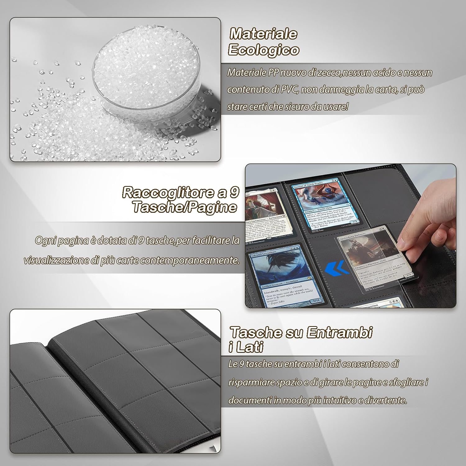 Detalle 2 de Album raccoglitore 468 carte (9 tasche per pagina) impermeabile in PU per MTG/TCG/Calcio-Baseball e figurine da scambio – Nero