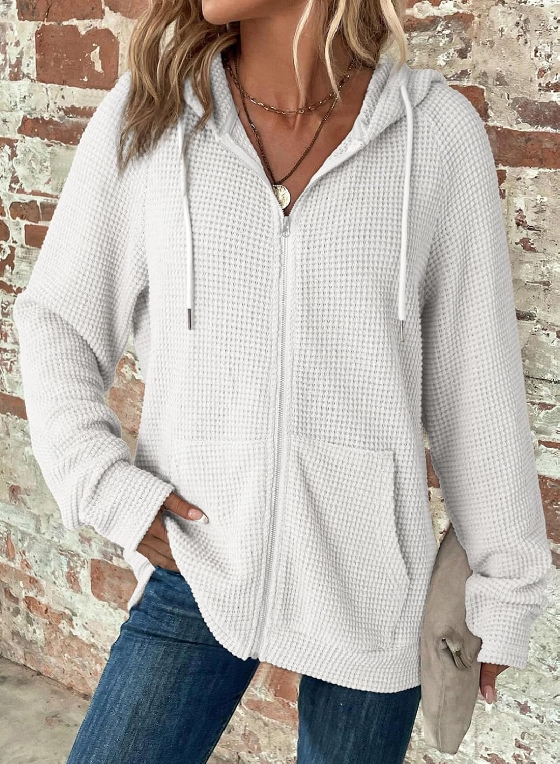 Detalle de Dokotoo Women's Full Zip Up Hoodies in Waffle Knit – Long Sleeve Drawstring Casual Sweatshirt