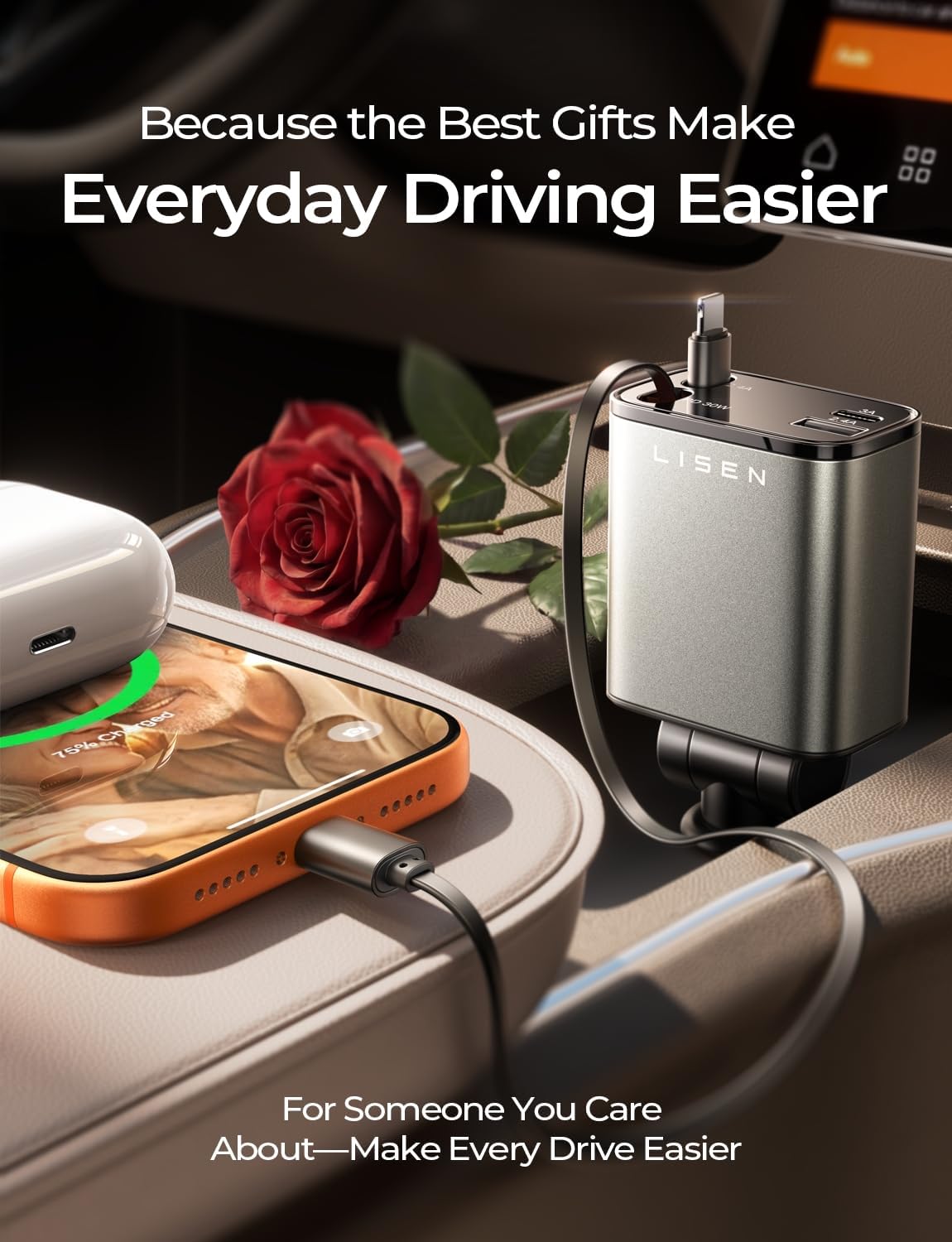 Thumbnail 1 de LISEN Retractable Car Charger Adapter 69W – 4-in-1 USB-C & USB-A Vehicle Charger for UK Roads
