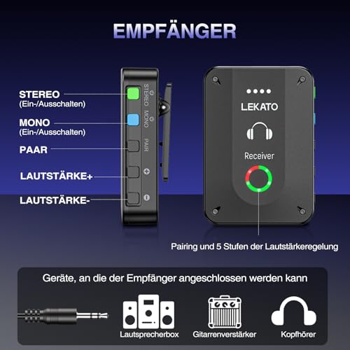 Detalle de LEKATO MS-02 Drahtloses In-Ear Monitoring System – 2.4G, Mono/Stereo, 4 Empfänger