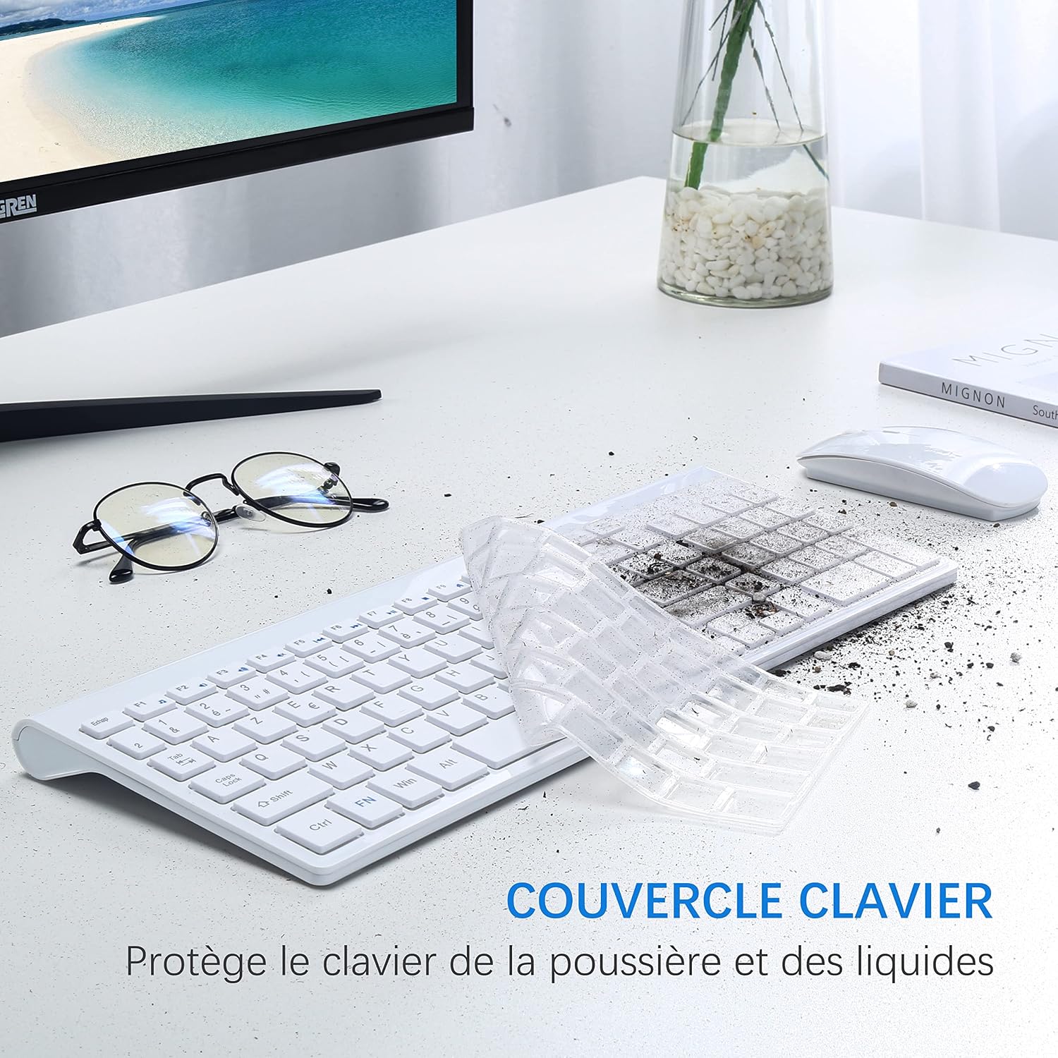 Detalle de TopMate Ensemble Clavier et Souris sans Fil Ultra-Mince – Kit Clavier + Souris 2.4G, DPI 2400, blanc