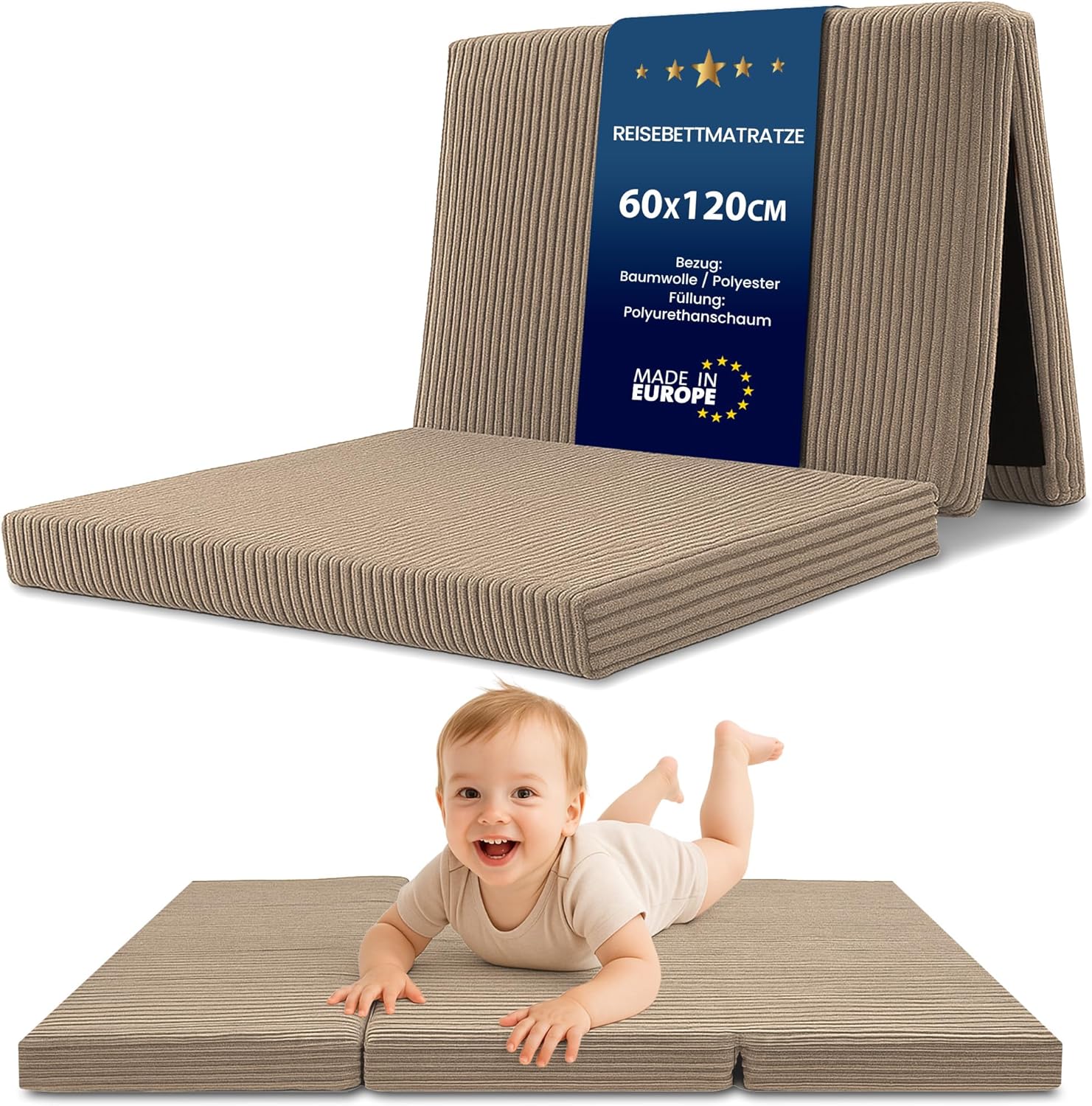 Materasso Pieghevole Bambini 60x120 cm da pavimento Brandina Ospiti Materassino sfoderabile e lavabile Oeko-Tex, marrone