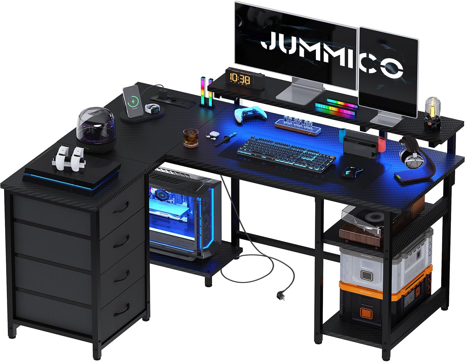 JUMMICO Scrivania Angolare a Forma di L 135 cm con Luci LED – Nero