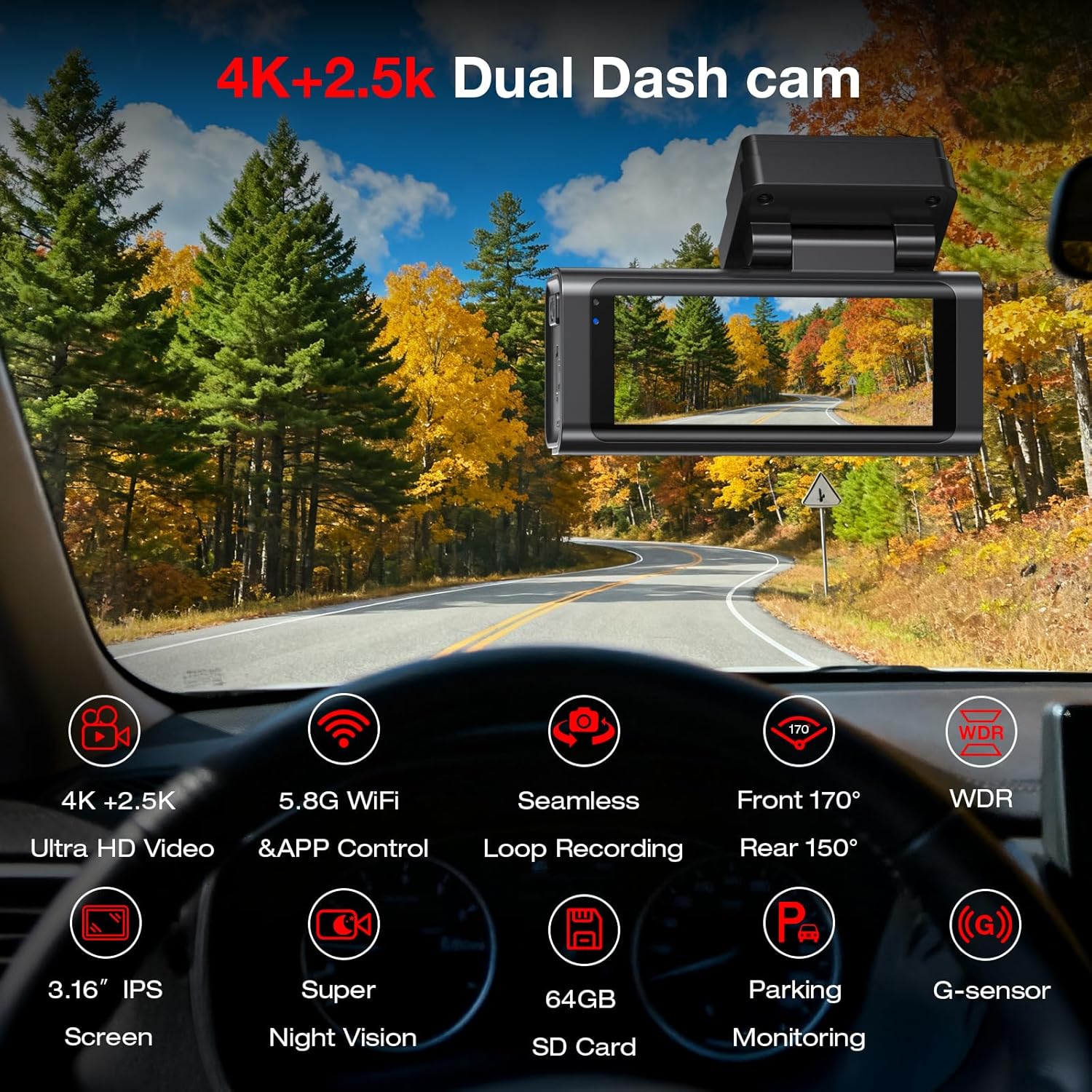 Detalle de Beferich 4K Dash Cam Front and Rear with 64GB, GPS, and 5.8GHz WiFi