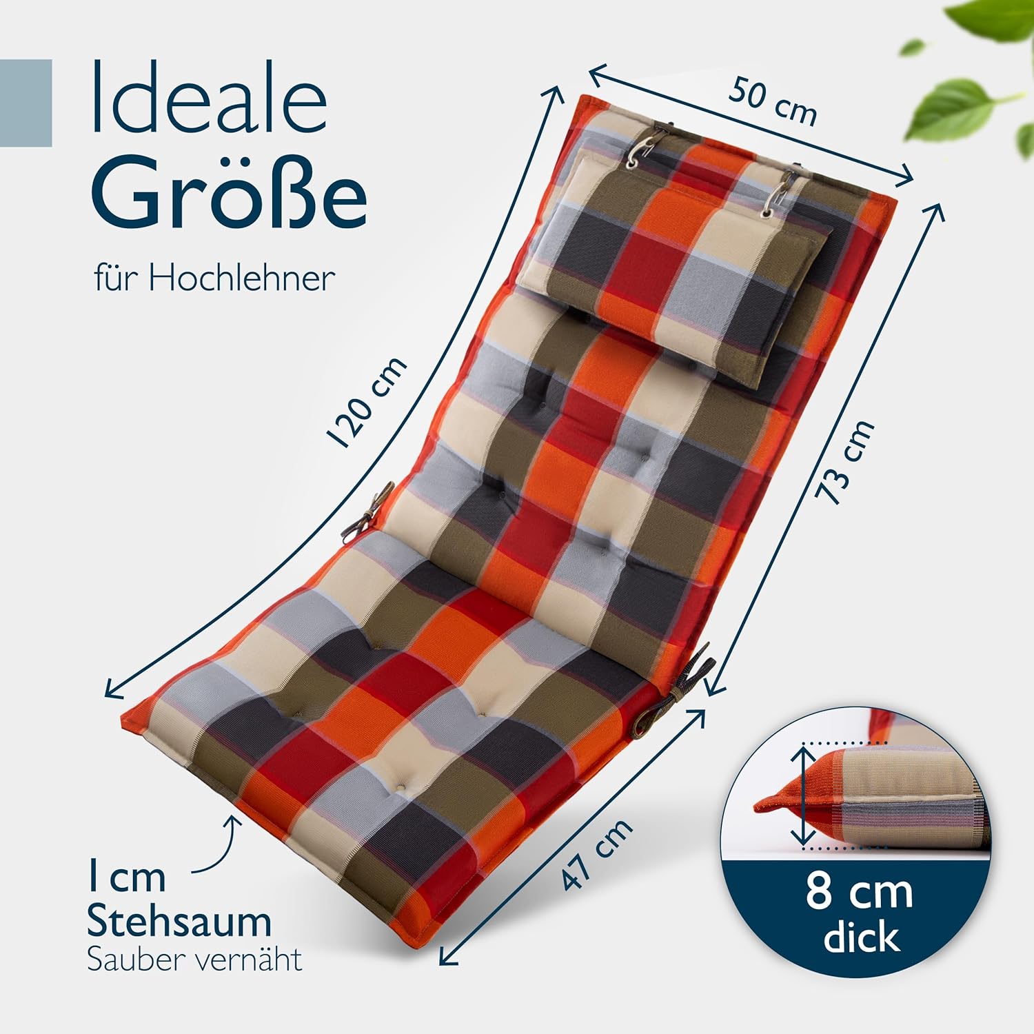 Detalle de Beautissu 5er Set Premium Hochlehner Auflagen mit Kopfpolstern, 120x50 cm, Orange Beige kariert