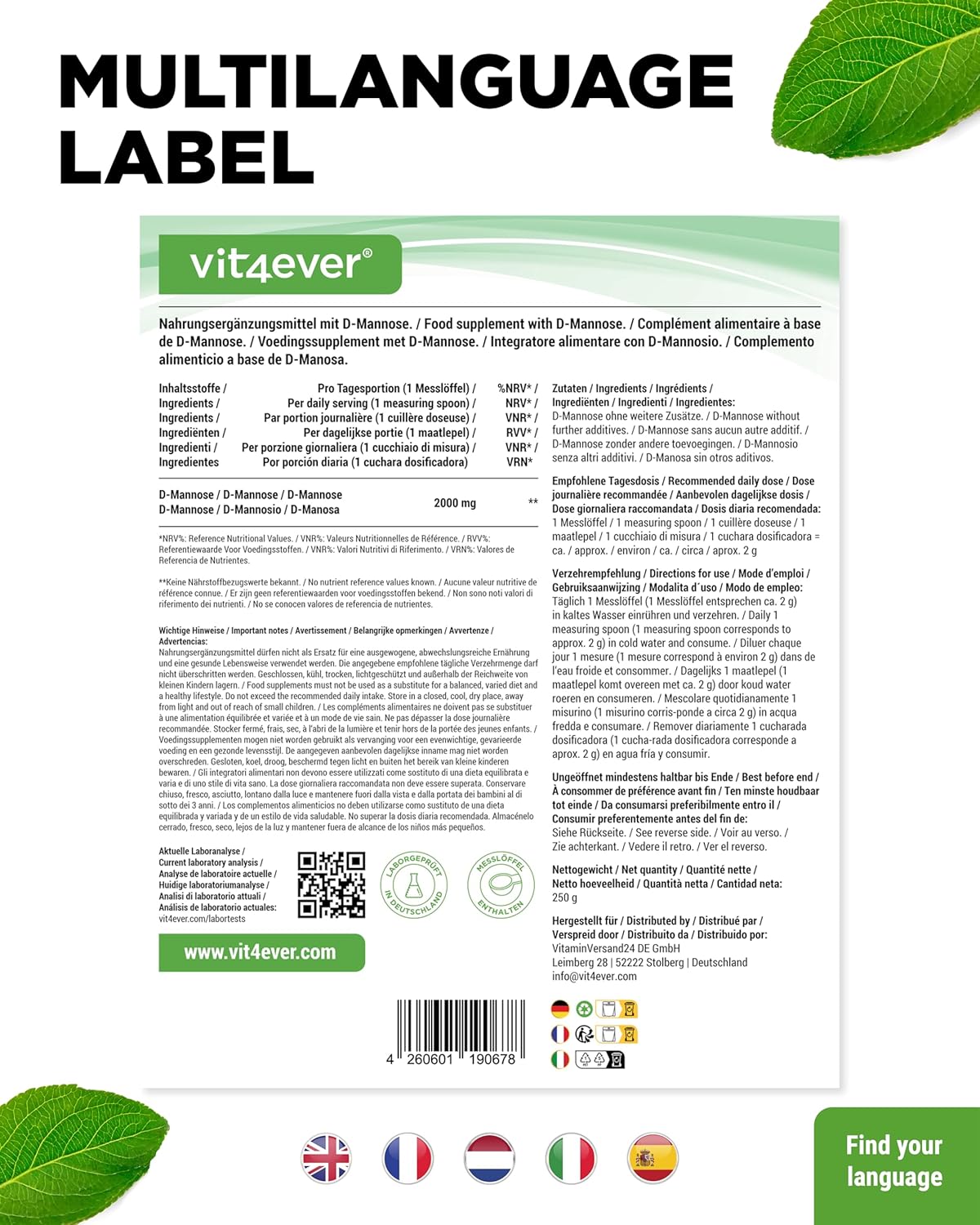 Thumbnail 5 de D-Mannose Pulver 250 g – vegan, laborgeprüft, ohne Zusätze