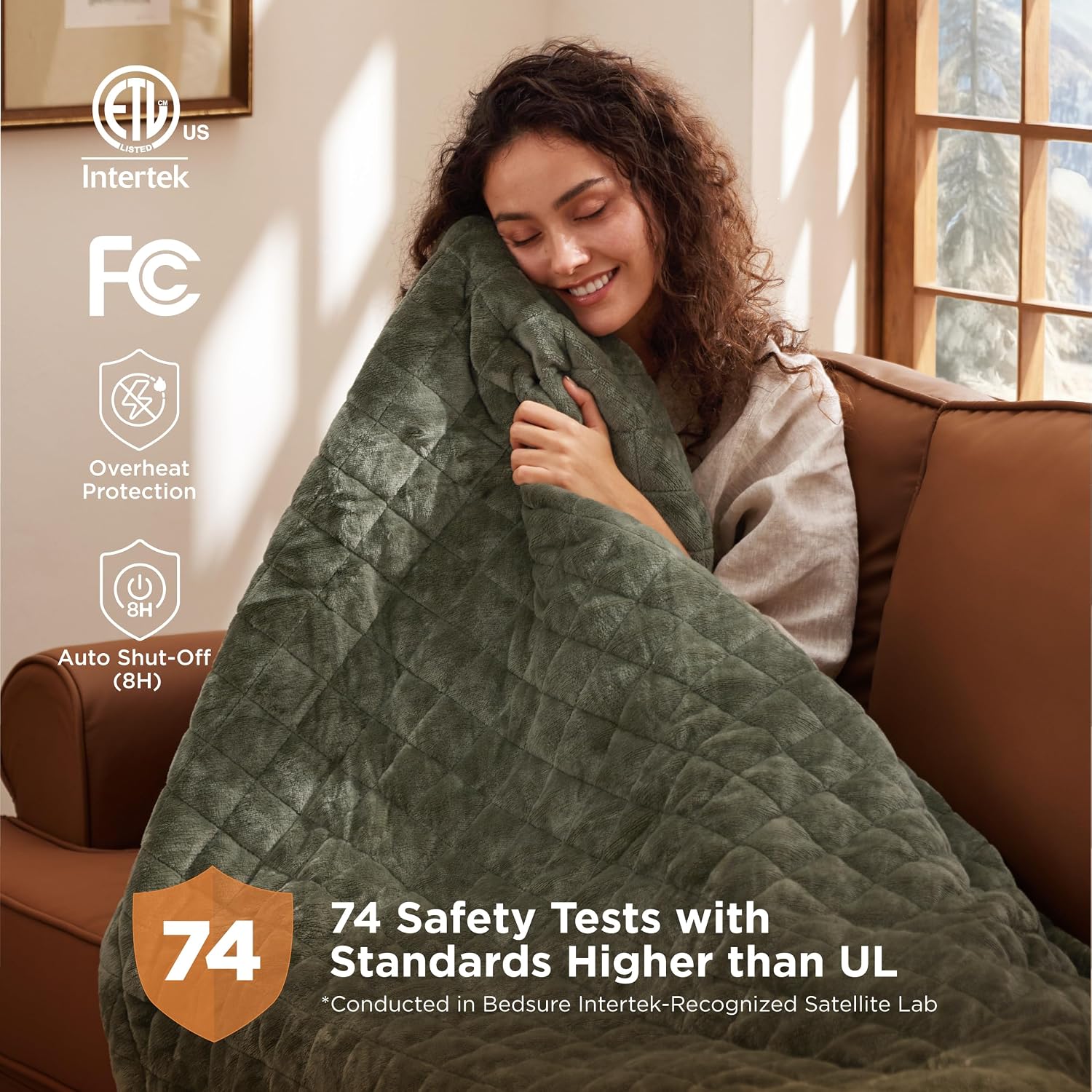 Detalle 2 de Bedsure Quilted Heated Blanket, King Size 90 x 100, Olive Green, Dual Controls