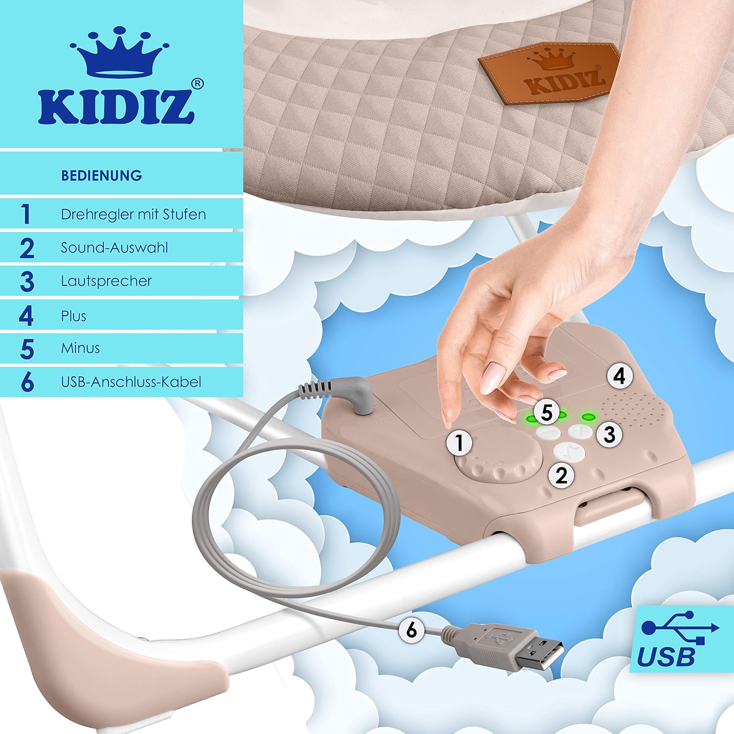Detalle 2 de KIDIZ® Babywippe Babyschaukel mit 5 Geschwindigkeiten – klappbar, inkl. Spielbogen und 5 Naturgeräuschen
