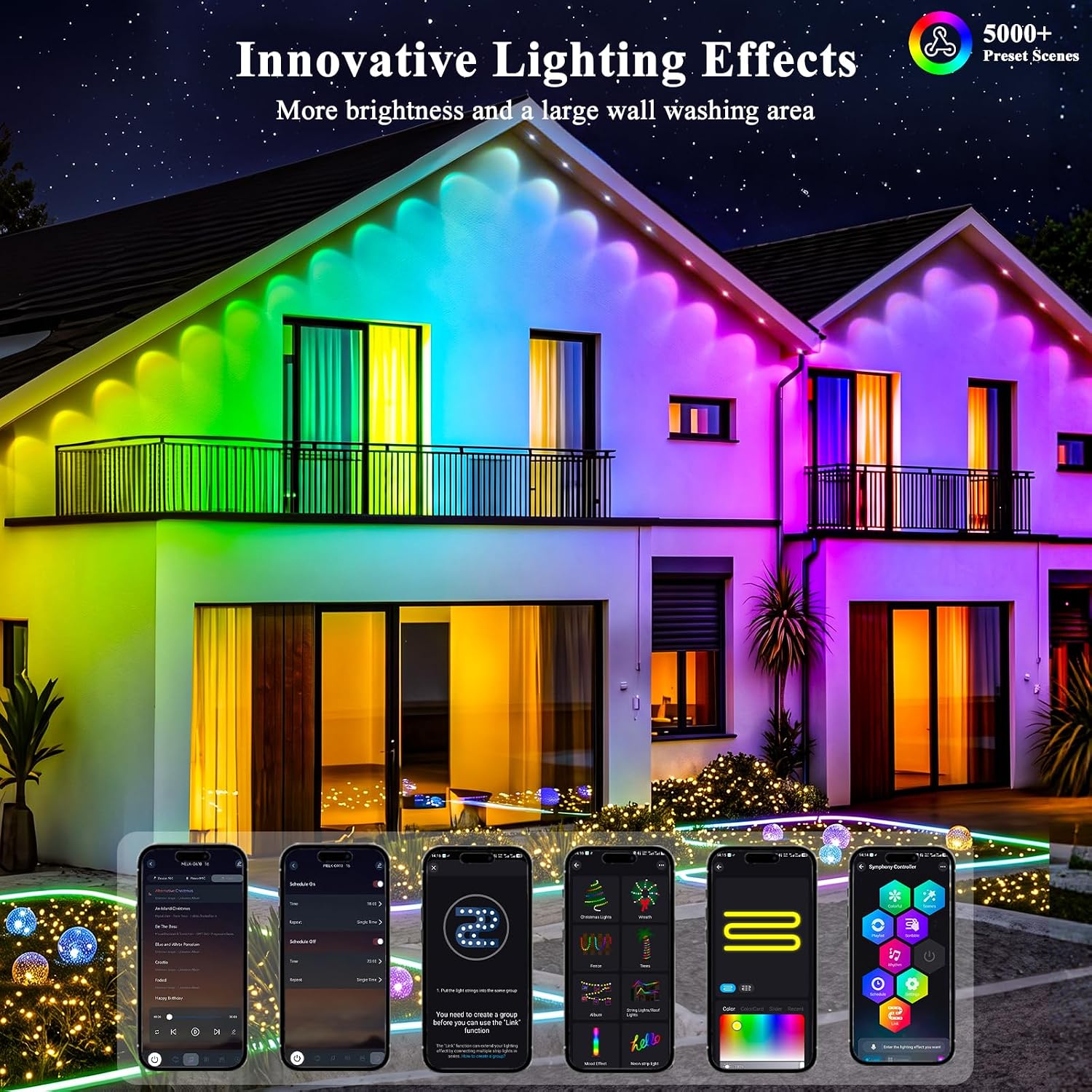 Detalle 2 de JNUNUSE 200FT Permanent Outdoor LED Lights, RGB+IC, IP65, App & Remote Control