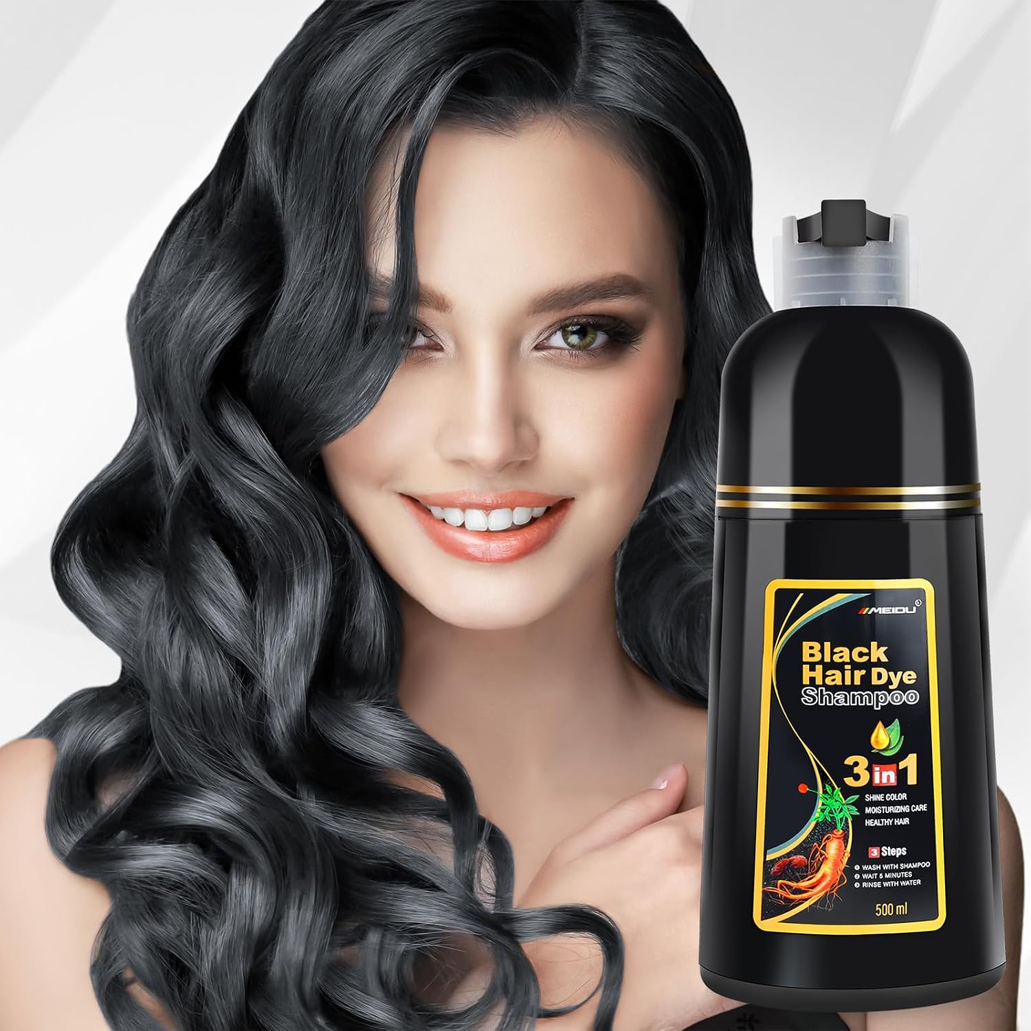 Thumbnail 6 de MEIDU Black Hair Dye Shampoo 3-in-1 (Gray Coverage) Herbal Formula, 500ml/16.9oz