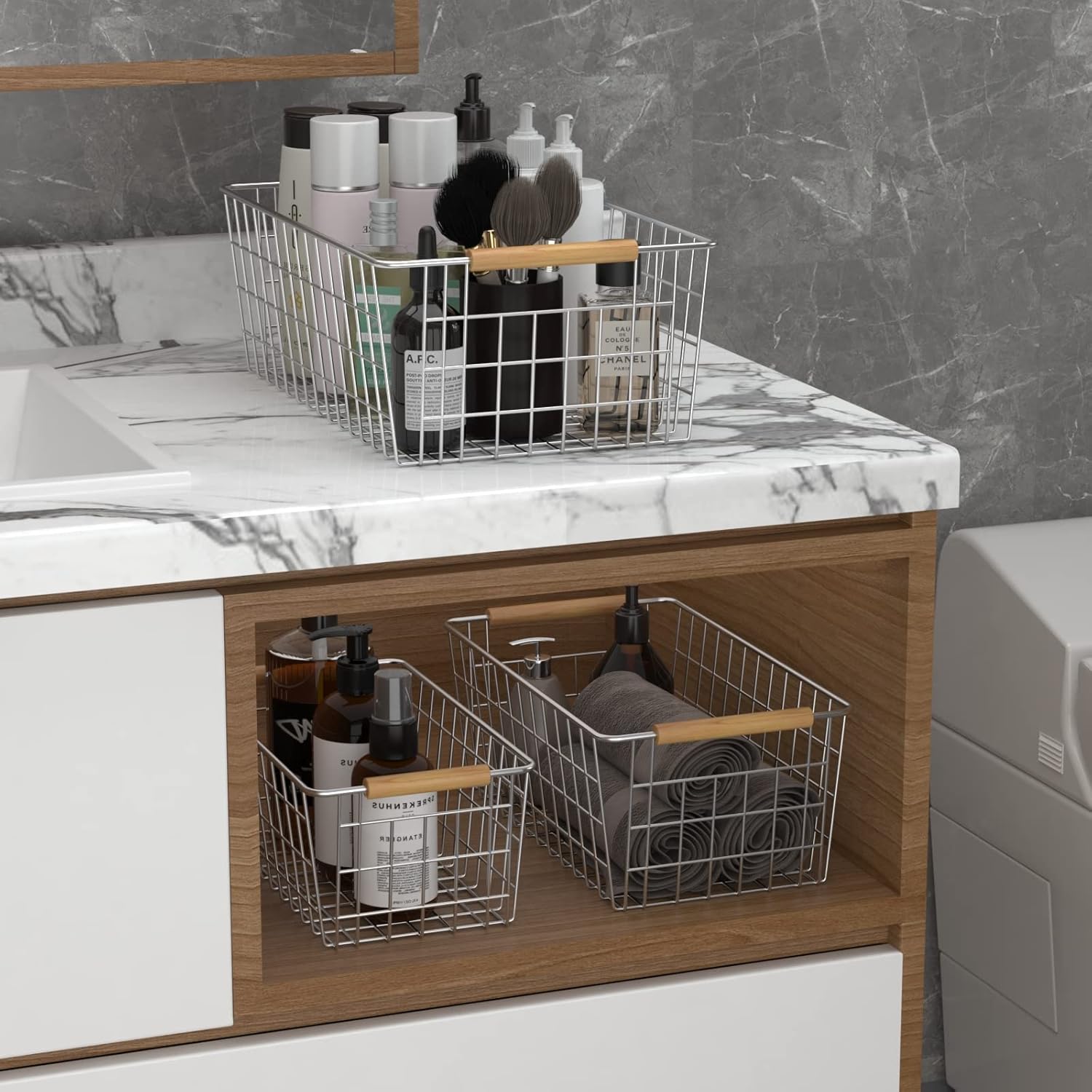 Thumbnail 6 de YOUVIP 3 Pack Wire Storage Baskets with Wooden Handles – Versatile Steel Grid Bins for Pantry, Fridge, Bathroom & More
