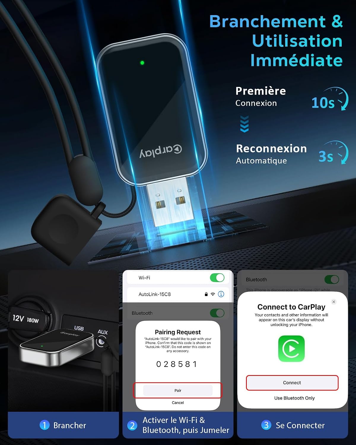 Detalle de Adaptateur CarPlay sans Fil pour Apple iPhone – 2025 (Plug & Play, WiFi 6 / Bluetooth 5.3)