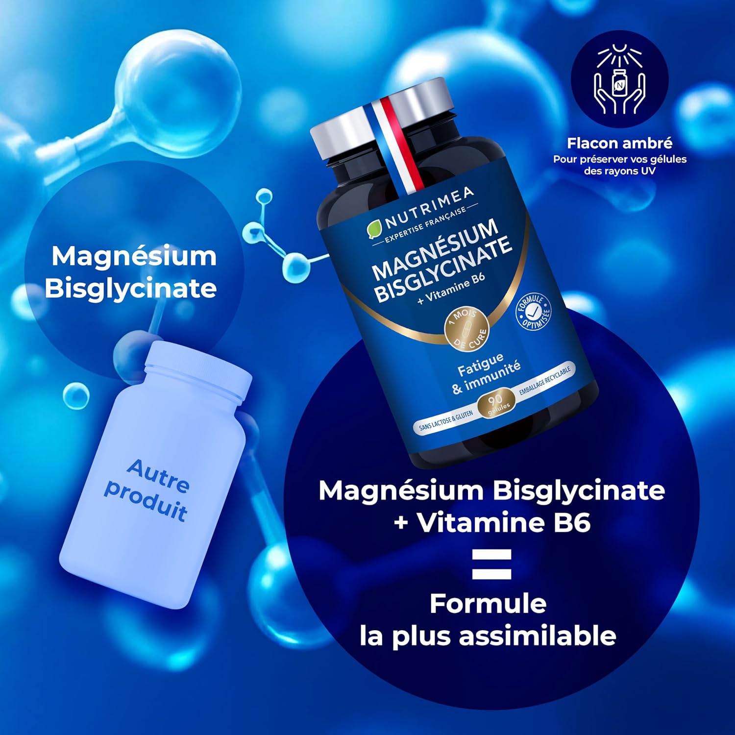 Detalle de Nutrimea Magnésium Bisglycinate + Vitamine B6 (90 gélules vegan) – Sommeil, stress et fatigue
