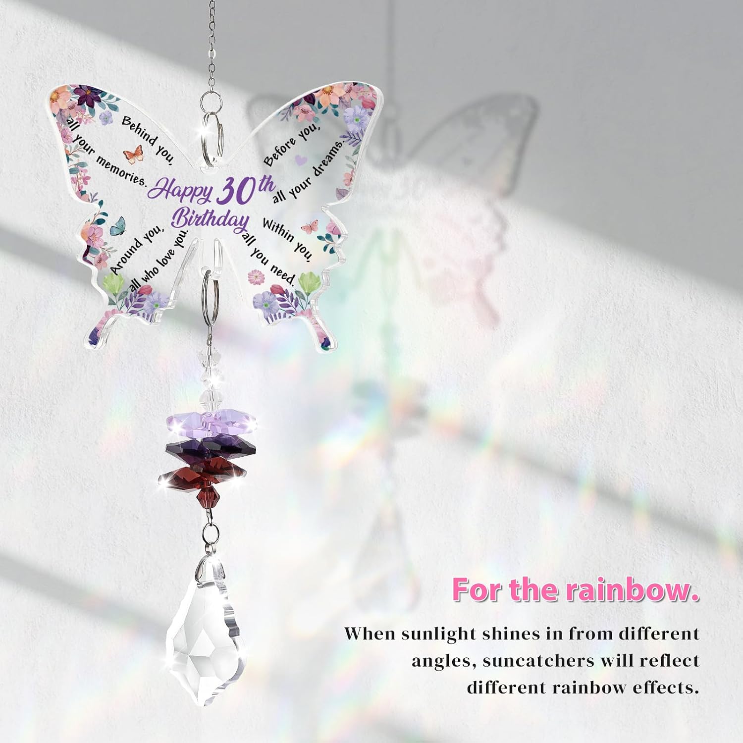 Detalle de KAAYEE 30th Birthday Butterfly Crystal Suncatcher Gift – Amethyst Pendant, Engraved Keepsake