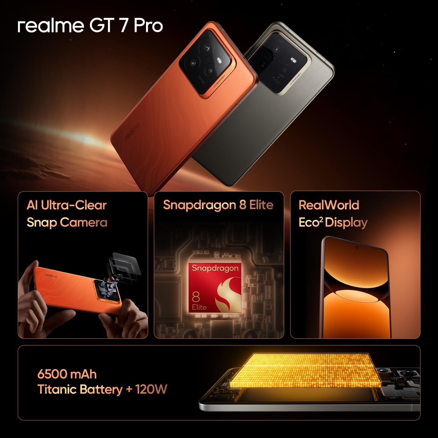 Detalle de Realme GT 7 Pro 5G – 12+256 Go, Snapdragon 8 Elite, Ultra Net AI Camera, Écran RealWorld Eco², Batterie Titan 6500 mAh