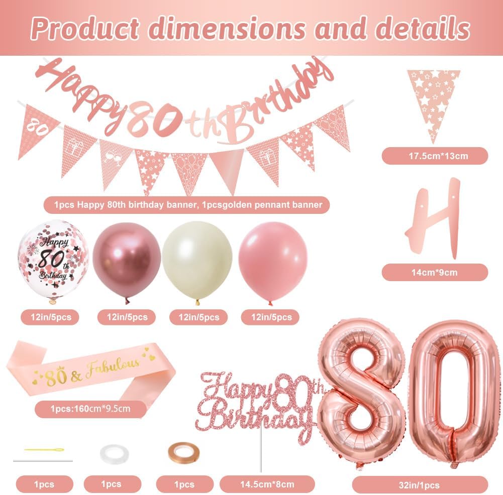 Detalle 2 de 80th Birthday Decorations Pink Rose Gold Set