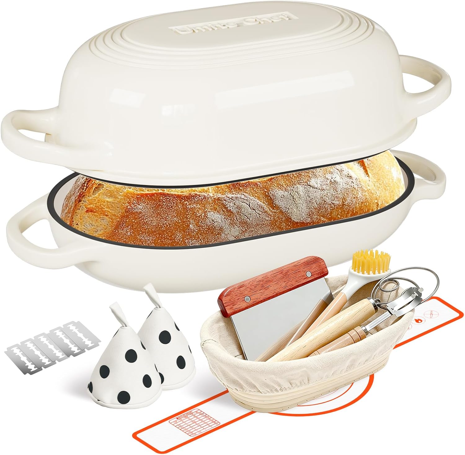 Enameled Cast Iron Dutch Oven Bread Baking Kit (5QT) with Sourdough Tools, Banneton & Lame (Cream White)