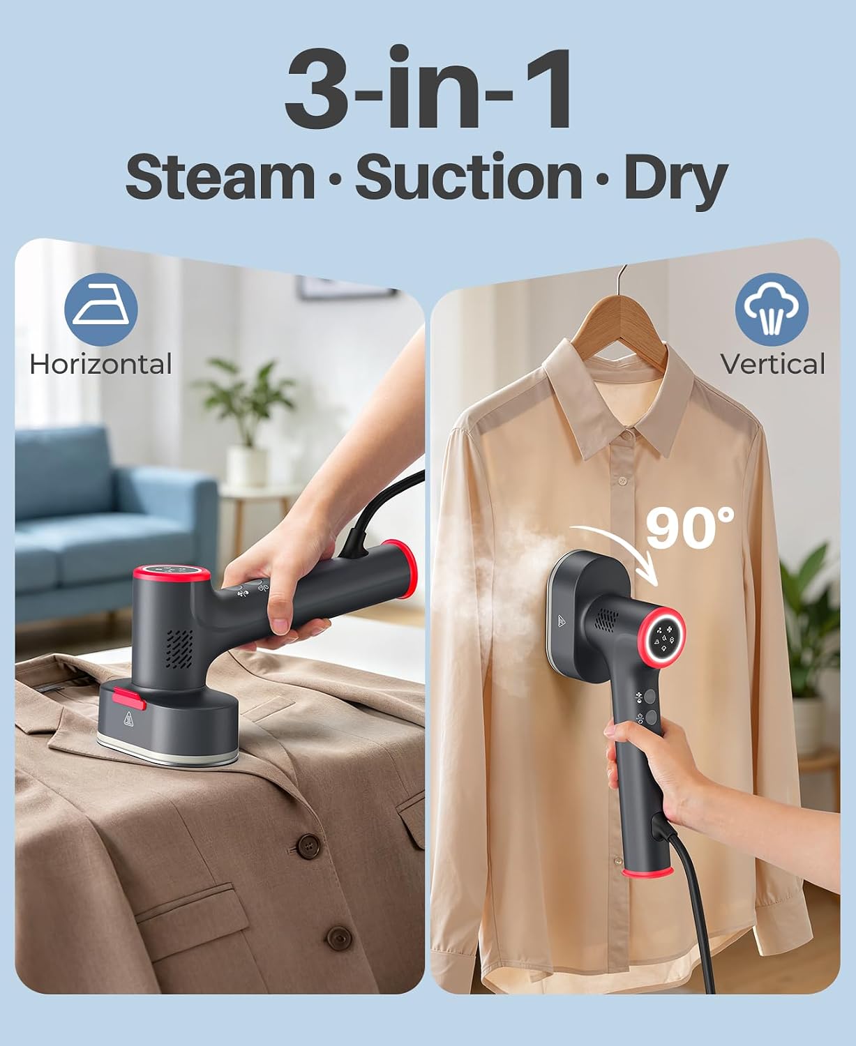 Detalle 1 de Purivanta T60 PRO Vacuum Garment Steamer, 3500/4500Pa Suction, 90° Rotating Head