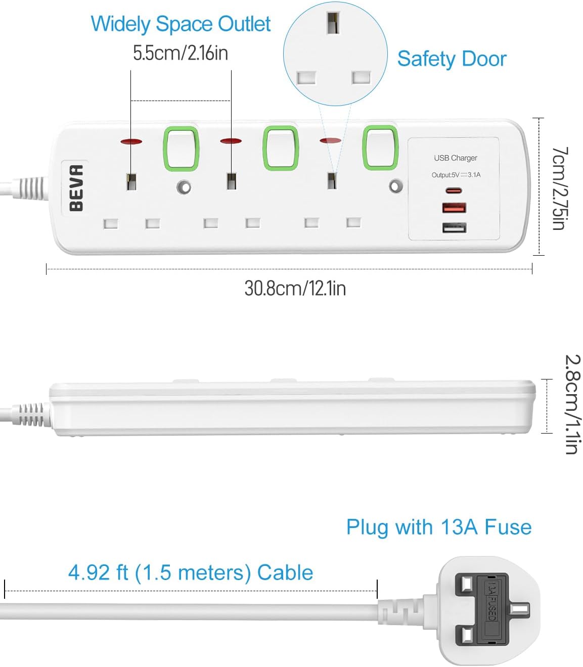 Thumbnail 6 de BEVA 3-way extension lead with 2 USB-A and 1 USB-C (1.5m cable) with individual switched sockets