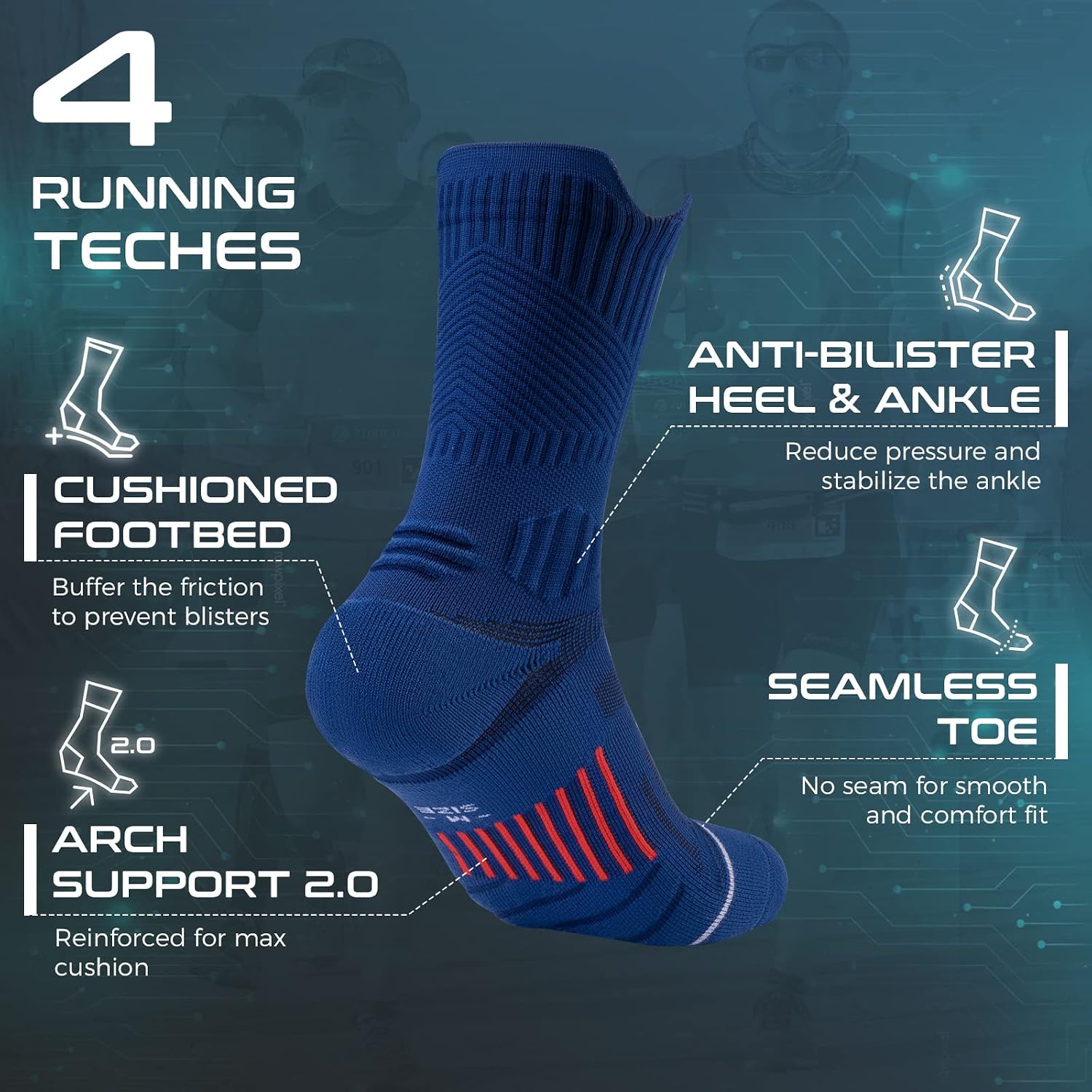 Detalle 1 de Rahhint Coolmax Compression Running Socks, 3-Pack Crew, Moisture-Wicking