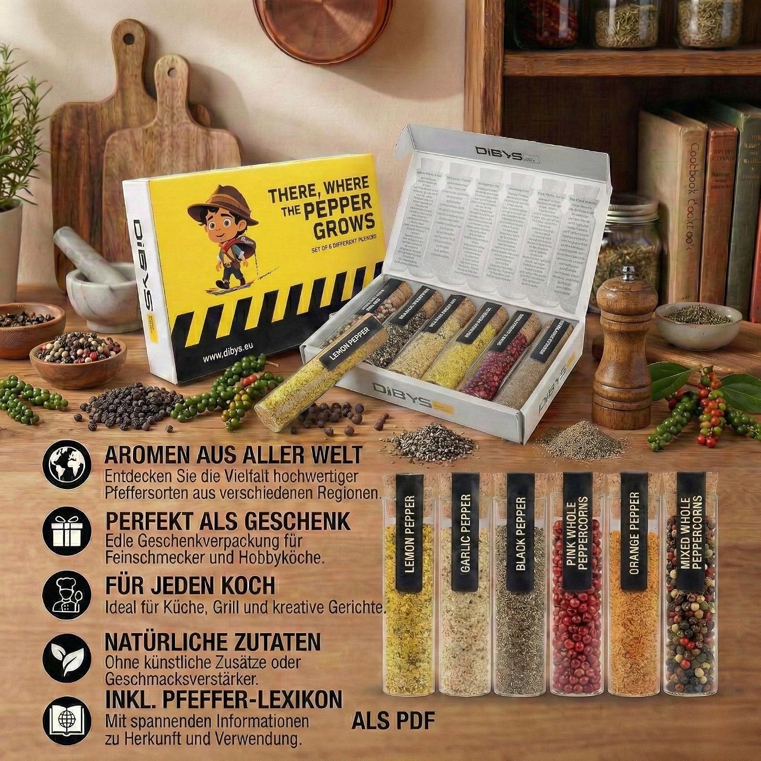 Thumbnail 2 de DIBYS Pfeffer Gewürze Set 6x – Geschenkset Pfeffer-Variationen im Reagenzglas