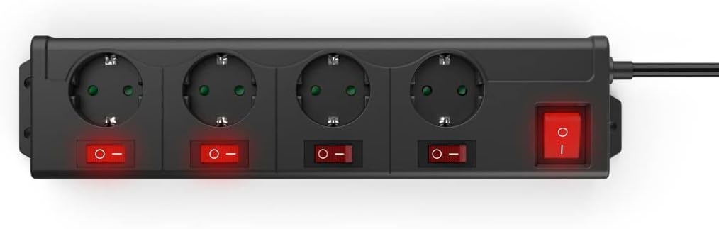 Thumbnail 2 de Hama 4-fach schaltbare Steckdosenleiste (Wandmontage, 1,4 m Kabel) schwarz – mit 90° gedrehten Steckdosen