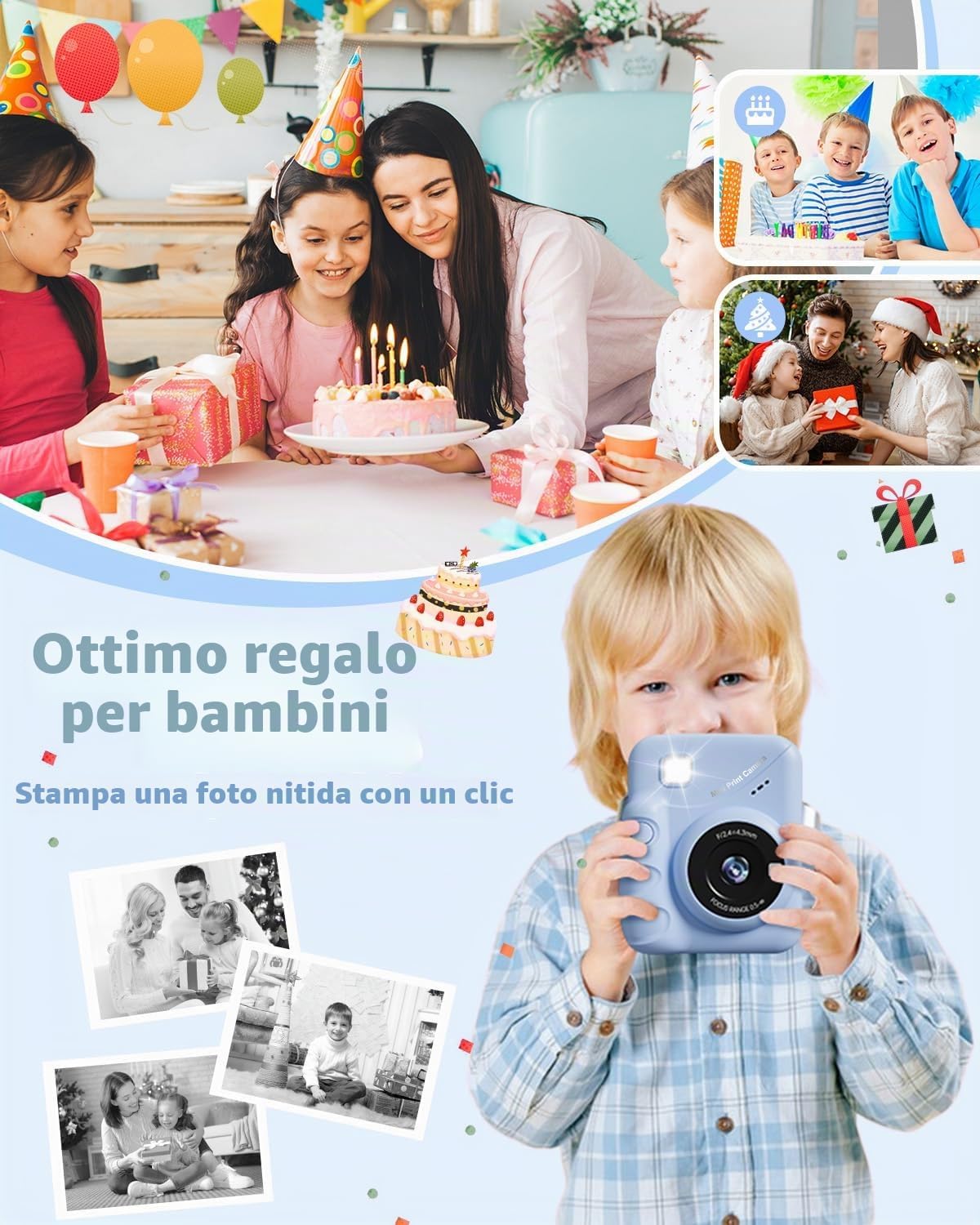 Detalle de TIATUA Macchina Fotografica Bambini Istantanea 3.0" Blu con 32GB e 3 Rotoli di Carta - Regalo Educativo per Ragazze e Ragazzi 3–12