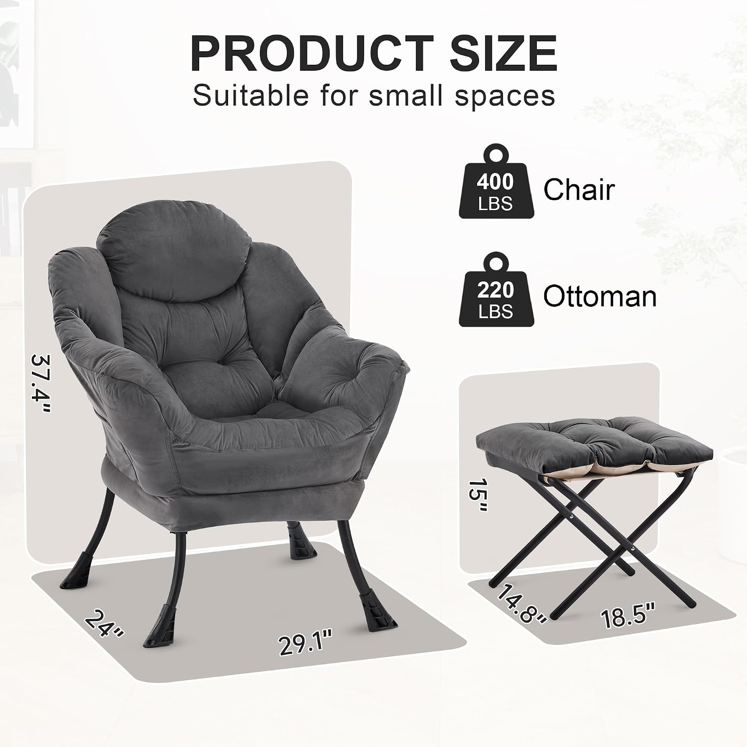 Detalle 2 de Zedachica LCO-13 Lazy Chair and Ottoman, Dark Grey Velvet Lounge Set