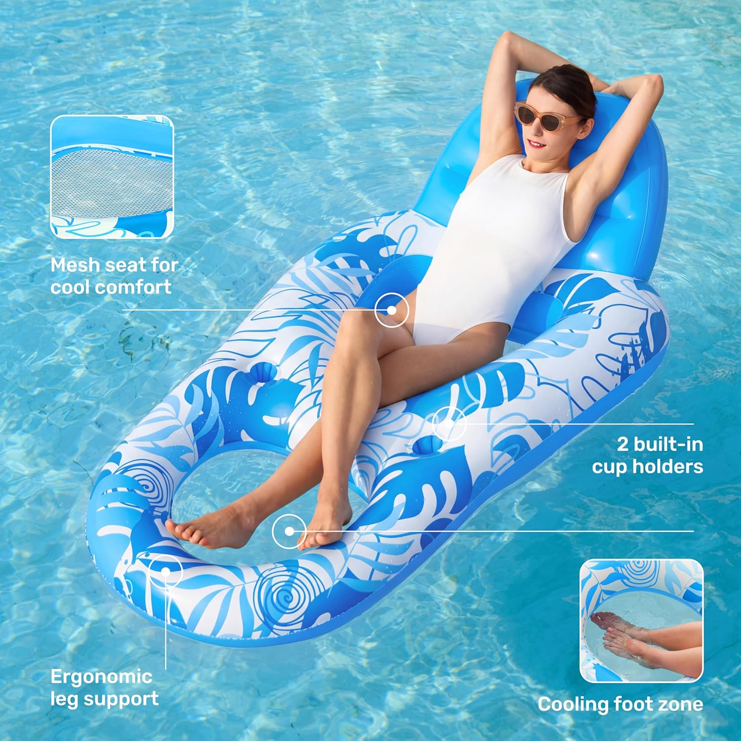Detalle de SLOOSH Inflatable Pool Floats Lounger Recliner with Cup Holders and Foot Rest