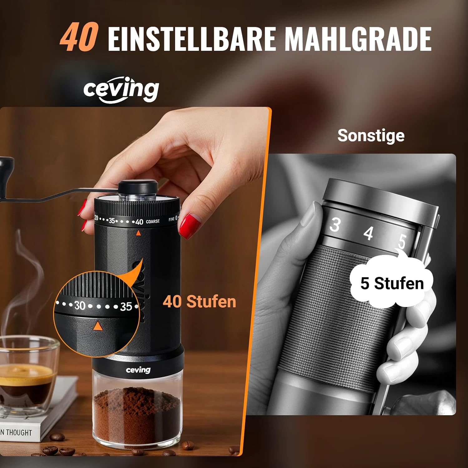 Detalle de CEVING Weltweit Erster Manueller Kaffeemahlwerk mit 60 g Kapazität – Keramik-Kegelmahlwerk, 40 Stufen, tragbar
