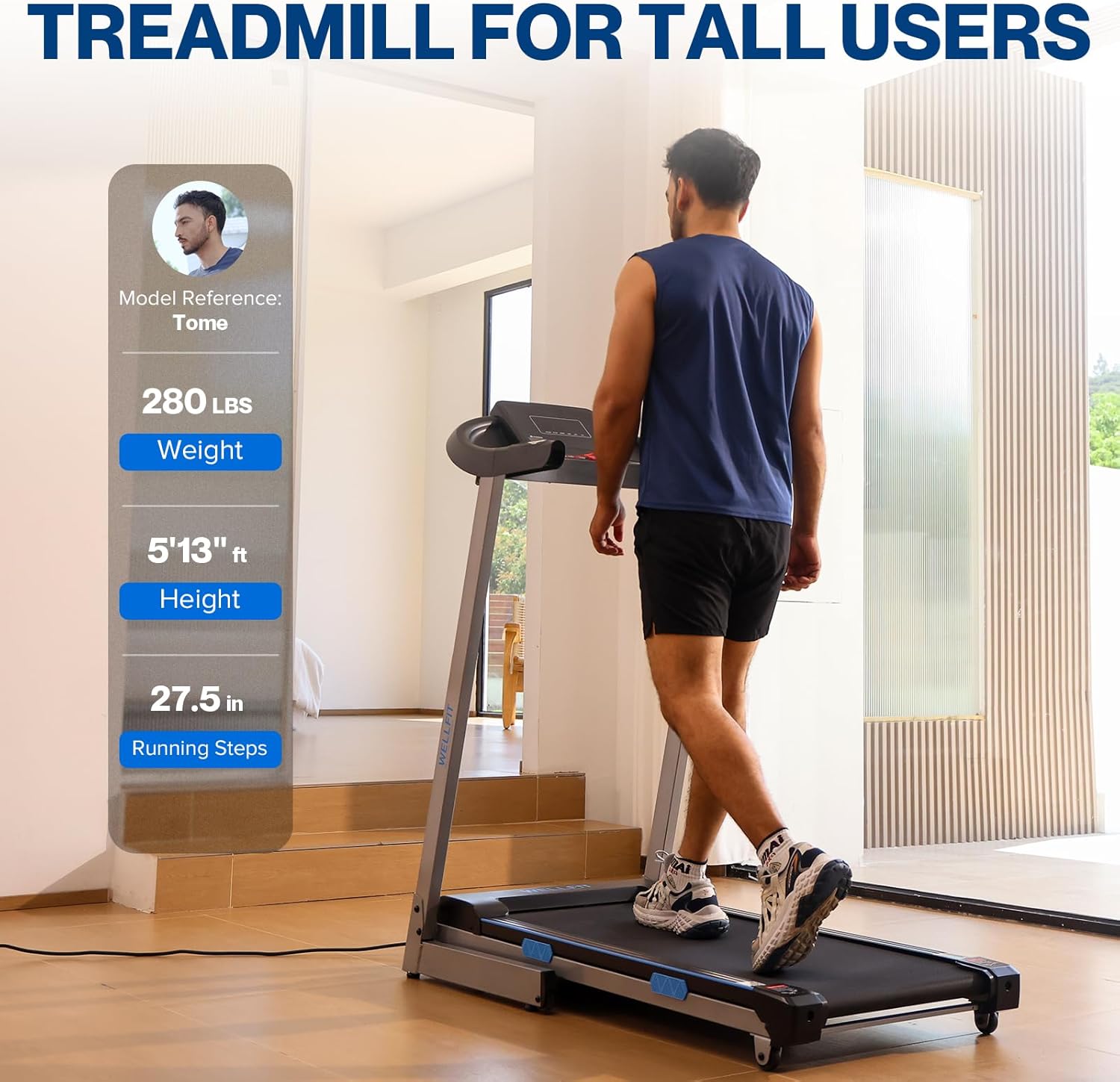 Detalle 2 de WELLFIT TM007 Treadmill, 400-lb Capacity, 15% Auto Incline, 18 x 43 in Deck