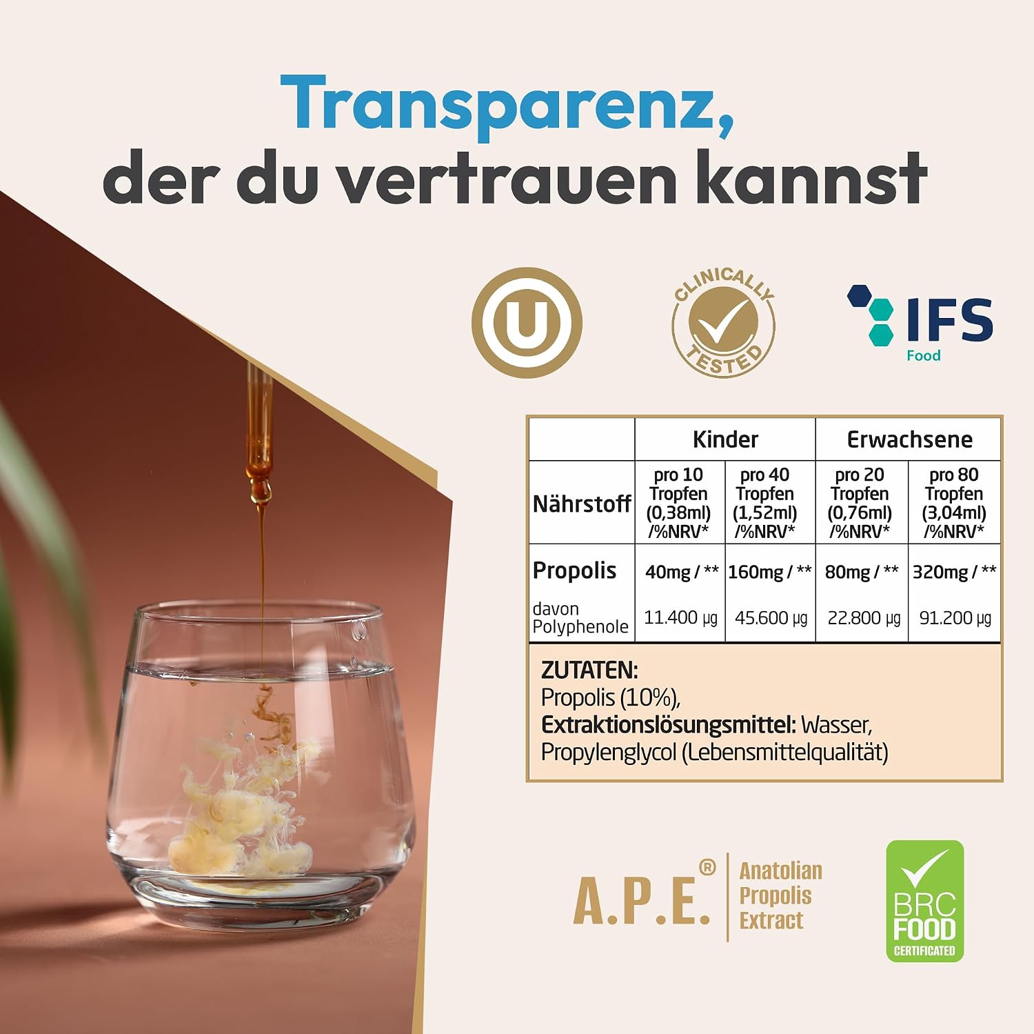 Detalle 2 de BEE&YOU Propolis Tinktur Tropfen 10% (30 ml), alkoholfrei & wasserlöslich